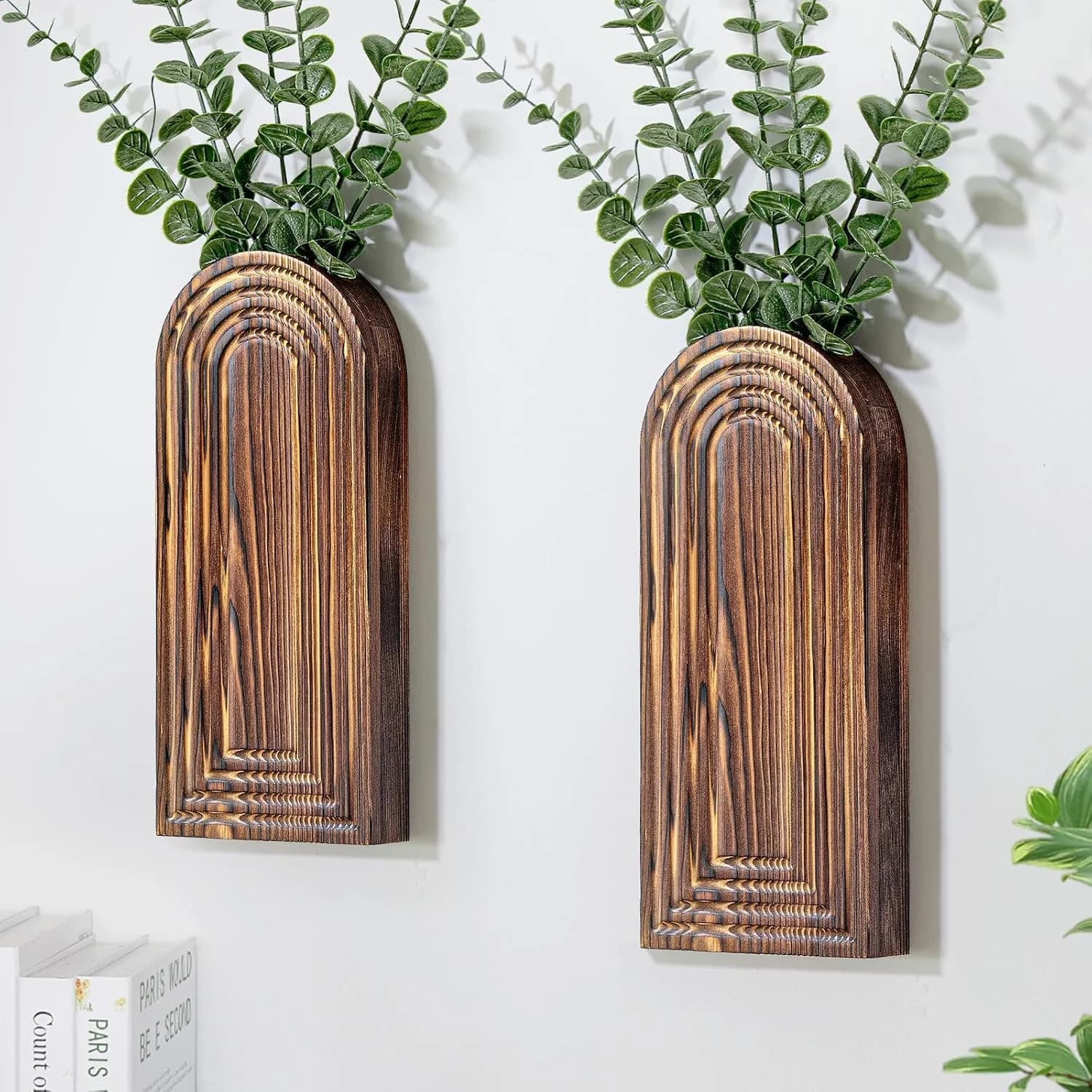 Wooden Wall Planter Vase Set of 2, Boho Hanging Planter for Indoor Plants & Flowers, Natural Wood Wall-Mounted Planters