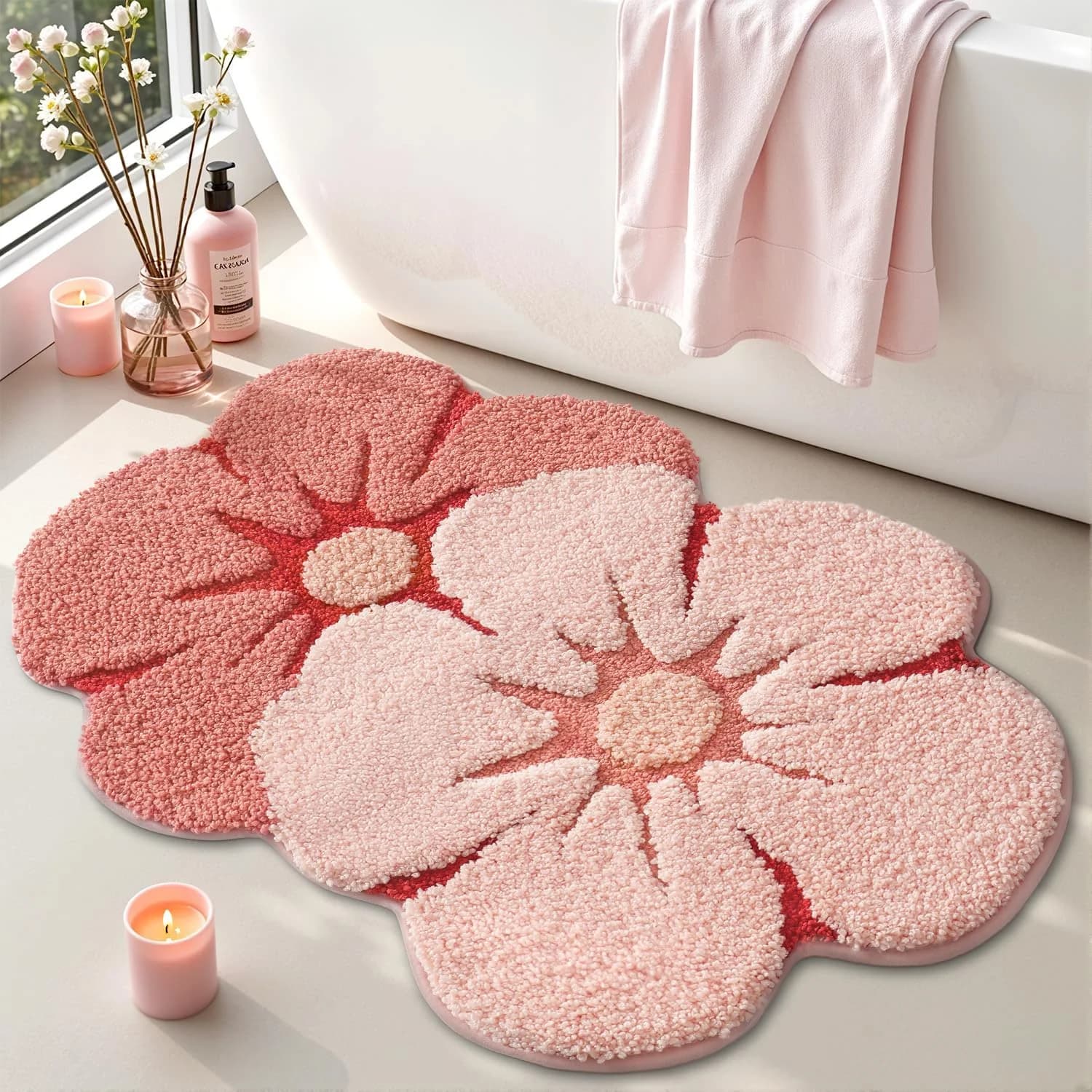 LUMI Flower Bathroom Rug, Absorbent Non Slip Bath Mat, 20"x32", Pink Flower