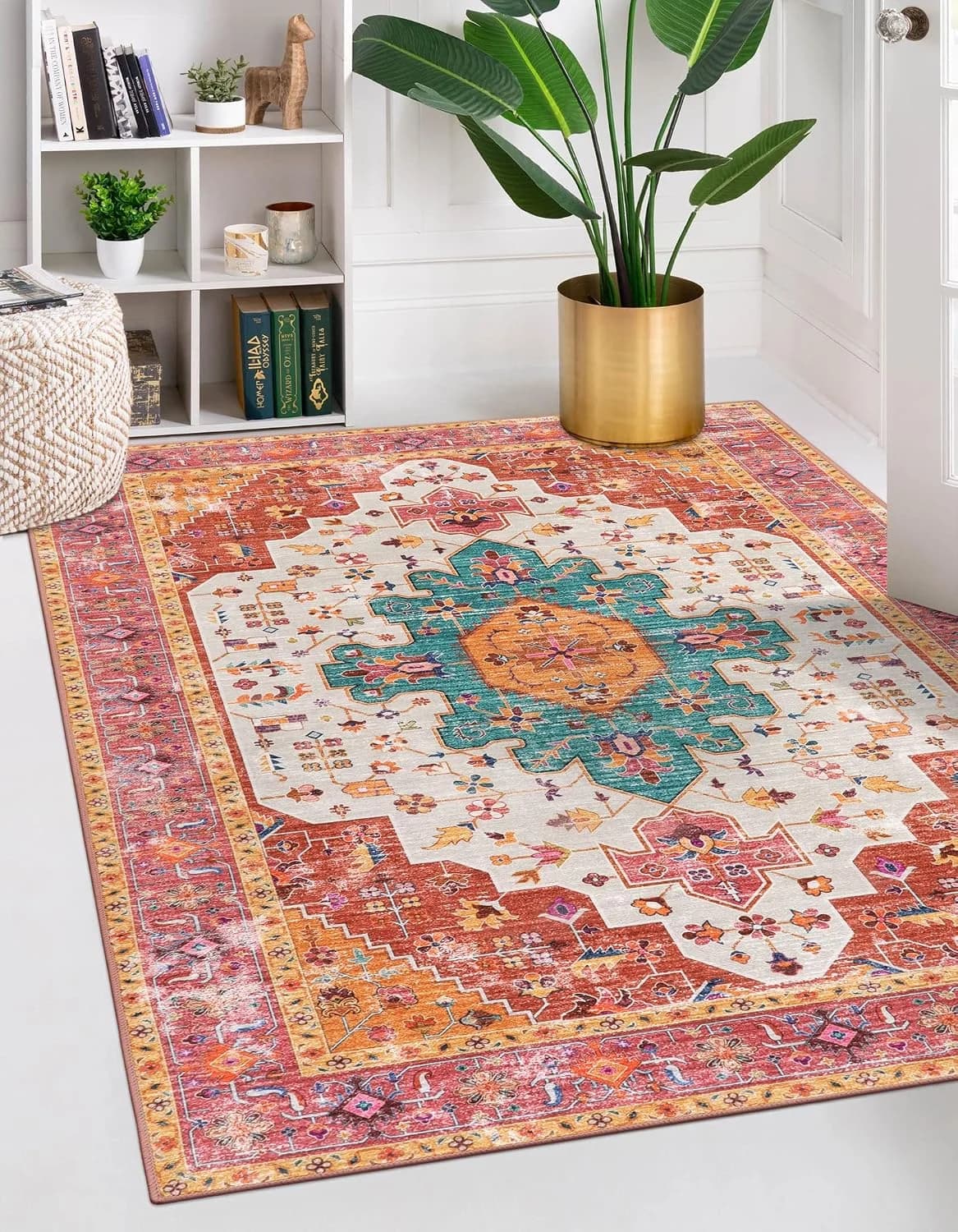 Moynesa Ultra-Thin Washable Vintage Area Rug - 5x7 Large Bedroom Boho Non-Slip Non-Shedding Living Room Mat Oriental Med