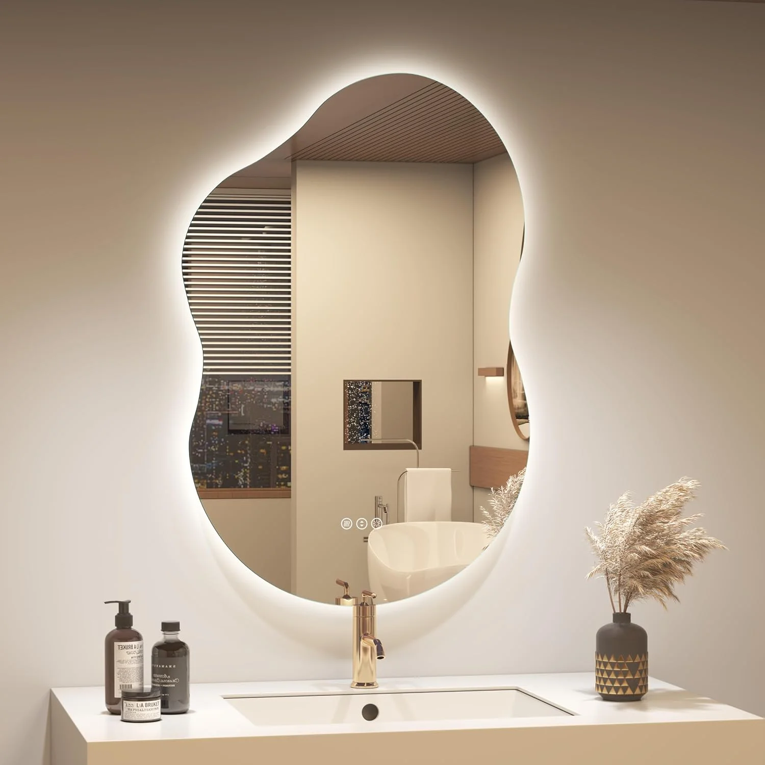 OKPAL Irregular Backlit Bathroom Mirror with Lights 24 x 36, Asymmetrical Cloud Led Lighted Vanity Mirror for Wall, Anit