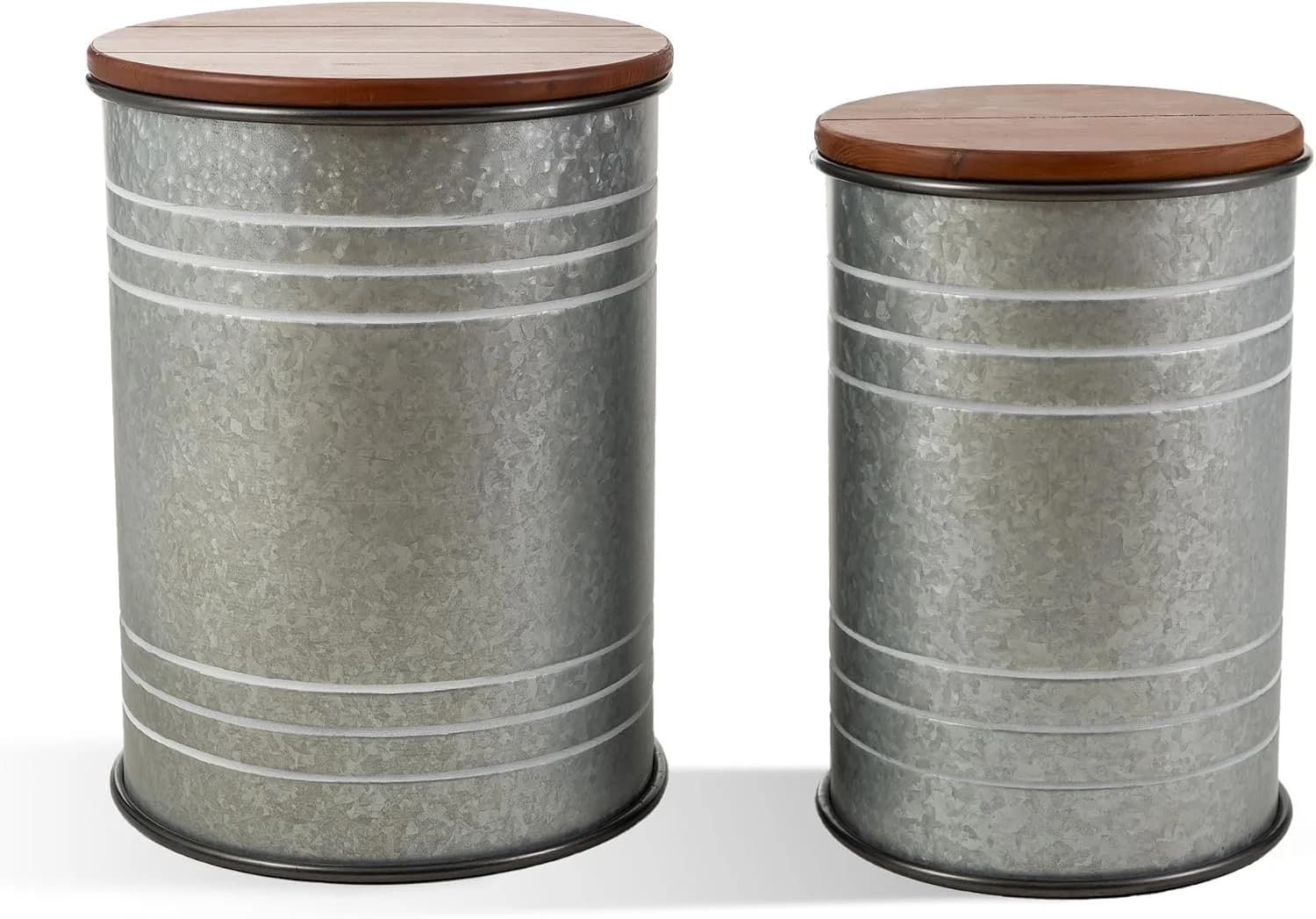 Glitzhome Rustic End Table Set of 2, Farmhouse Galvanized Metal Barrel Ottoman Storage Stool with Round Wood Lid for Liv