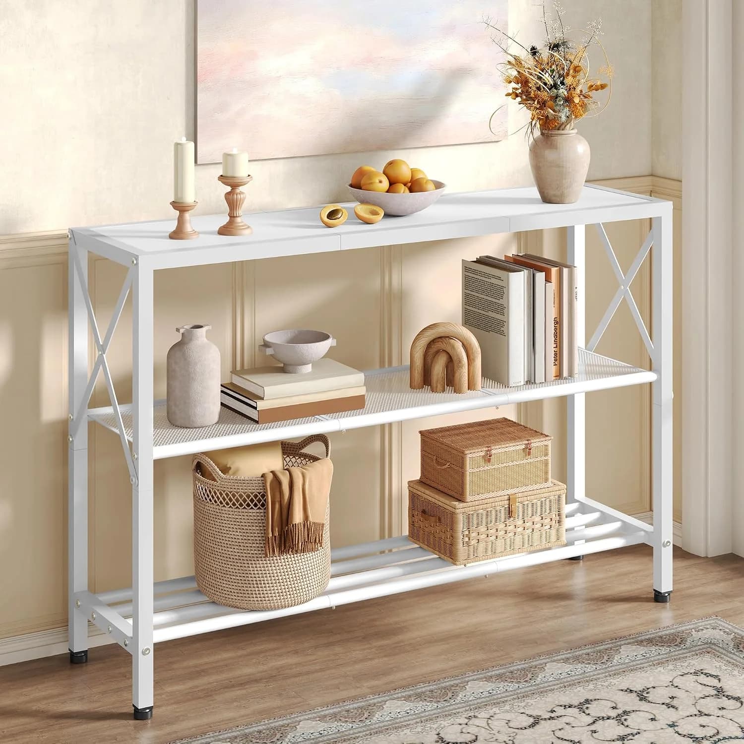 Hoctieon White Industrial Console Table, 3 Tier Entryway Tables, Hallway Desk, Narrow Sofa Tables with Shelves, Entrance