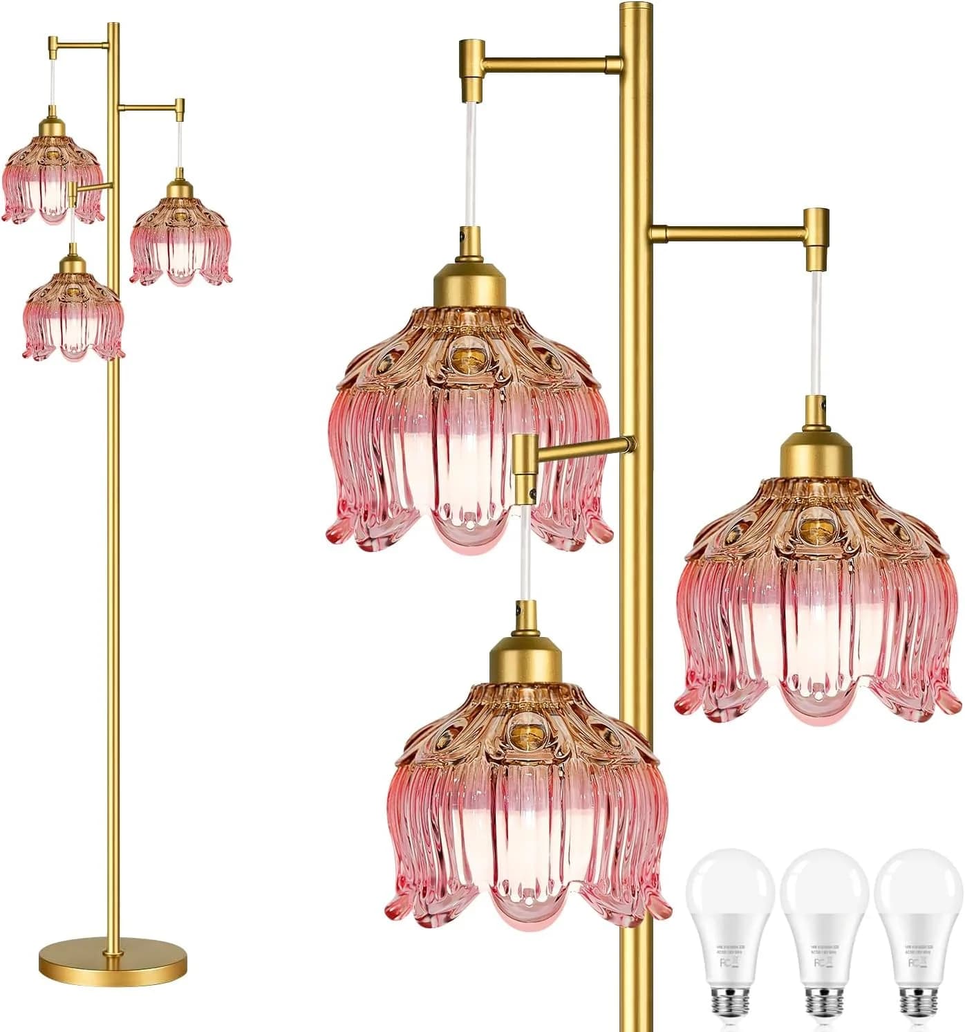 QIYIZM Pink Floor Lamp for Living Room,Bedroom,Gold Mid Century Modern Standing Lamp Brass Tree 3 Light Tall Floor Lamps