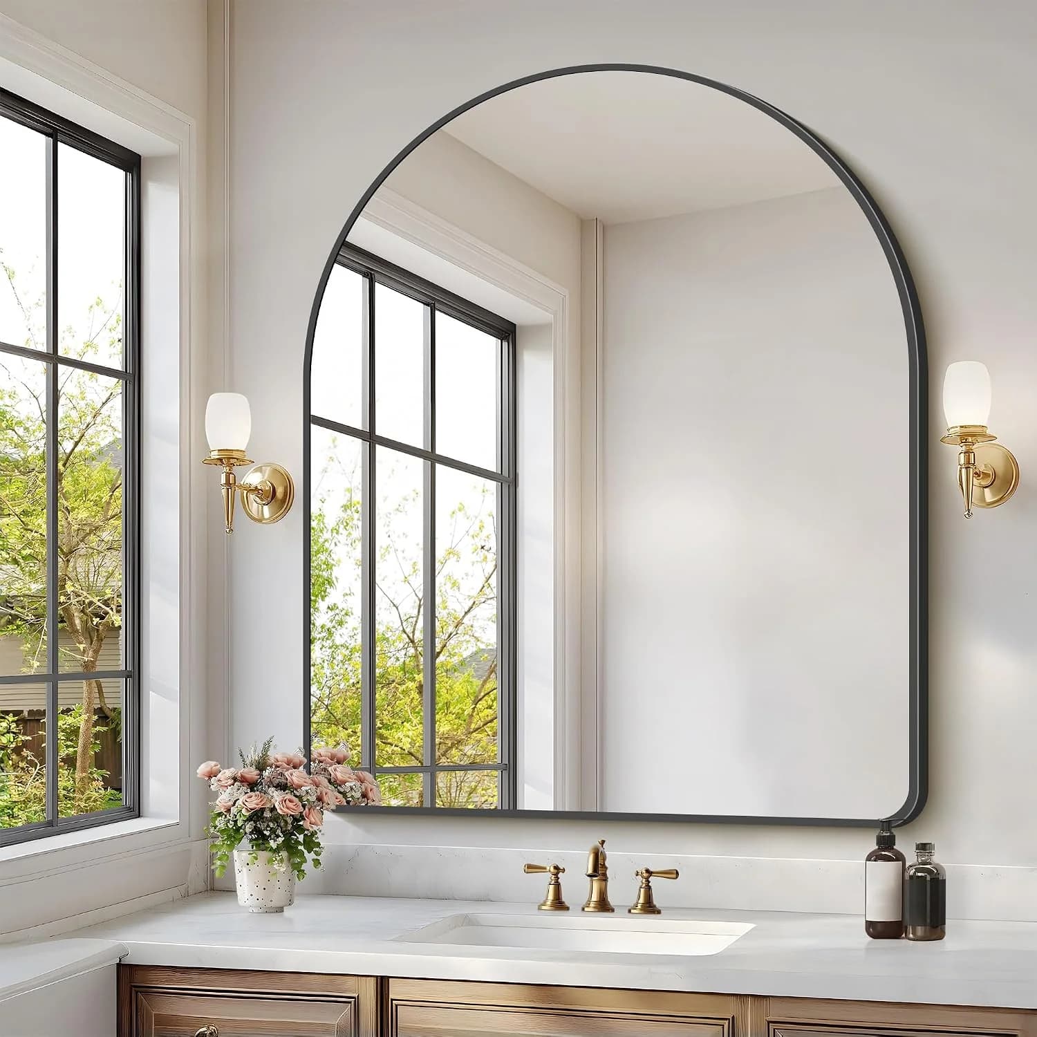 GLASHOM Arched Bathroom Mirror, 40"x48" Black Arched Mirror for Bathroom, Wall Mounted Mirror, Black Vanity Wall Mirror