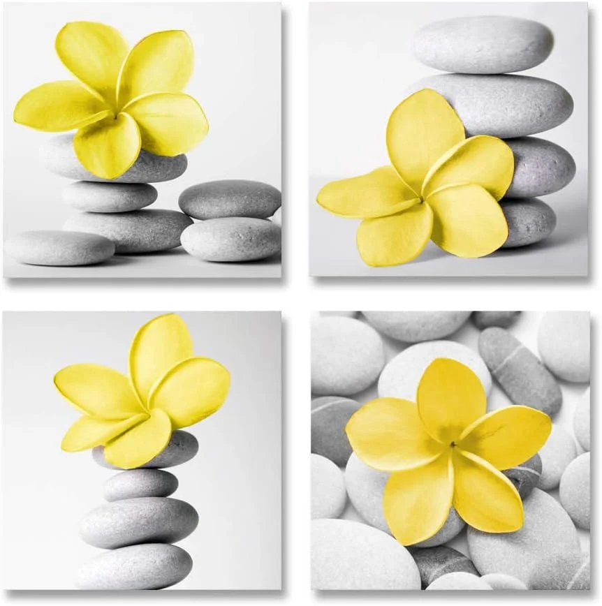 Genius Decor-Modern Bathroom Yellow Gray Wall Art Picture Flowers and Pebble Stone Canvas Print Wall Decor Set 4(Yellow)