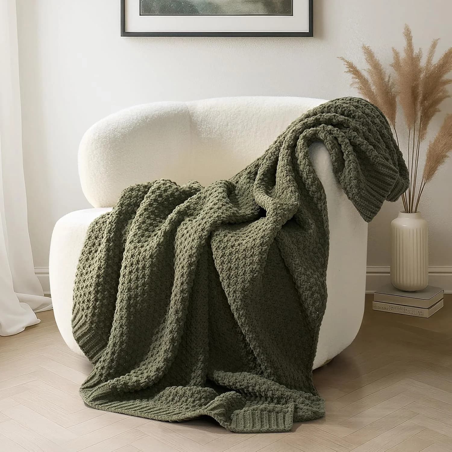 EVERGRACEHOME Chunky Chenille Knit Throw Blanket, 50 x 60, Olive Green