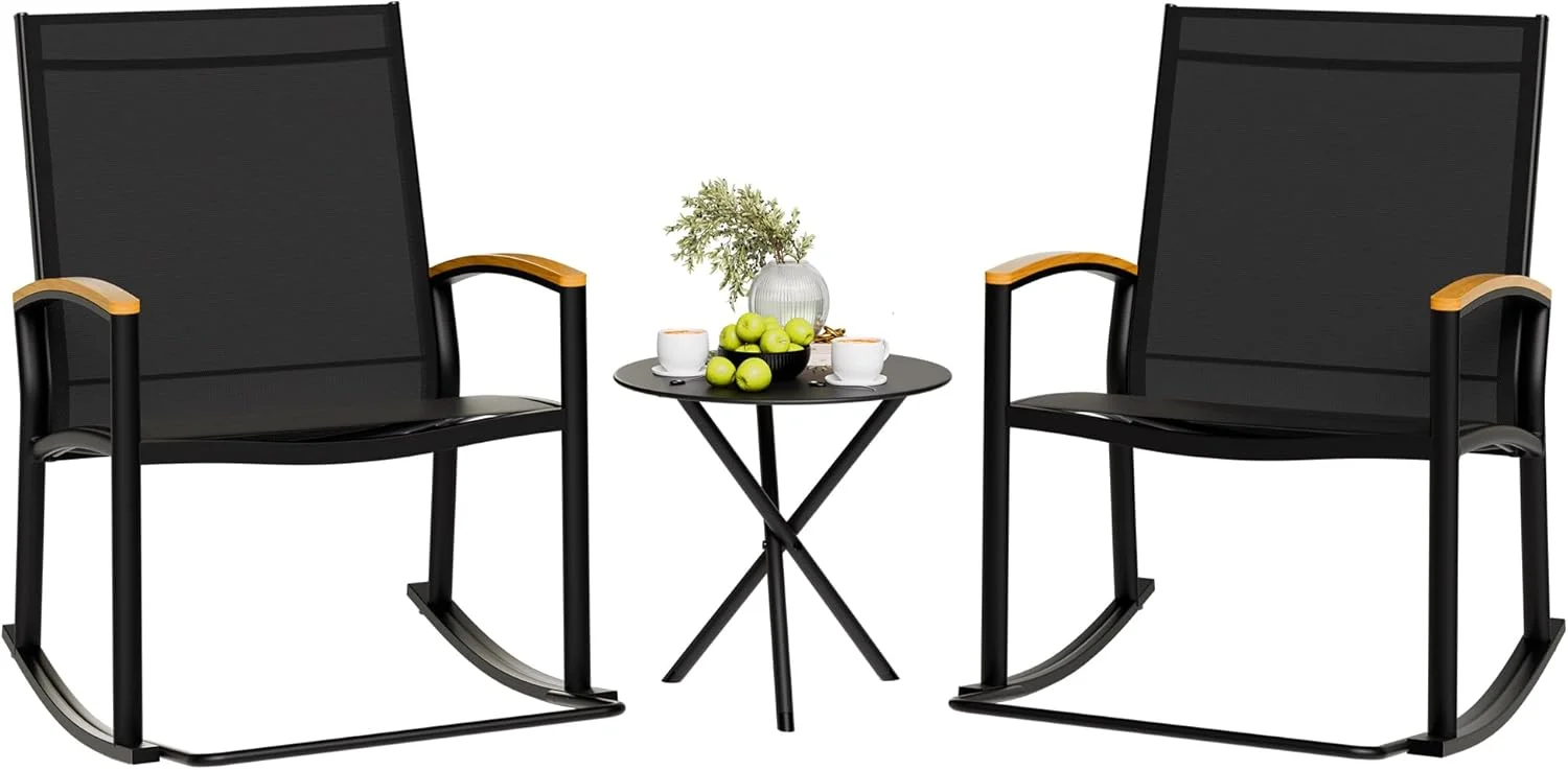 Shintenchi 3 Piece Outdoor Rocking Bistro Set, Textilene Fabric Small Patio Furniture Set, Front Porch Rocker Chairs Con