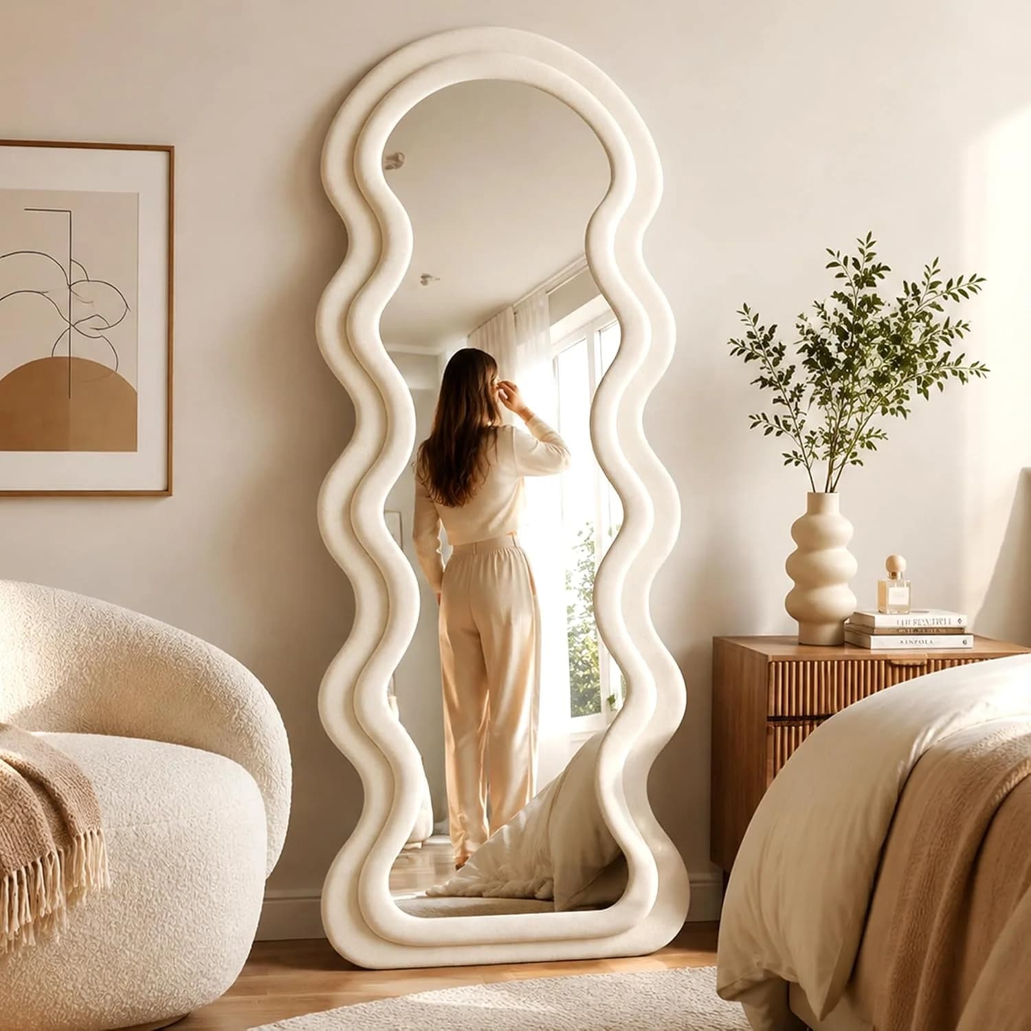 BOJOY 63"x24" Full Length Floor Mirror, Irregular Wavy Wave Arched Design, Wall Mounted or Leaning Standing for Bedroom,