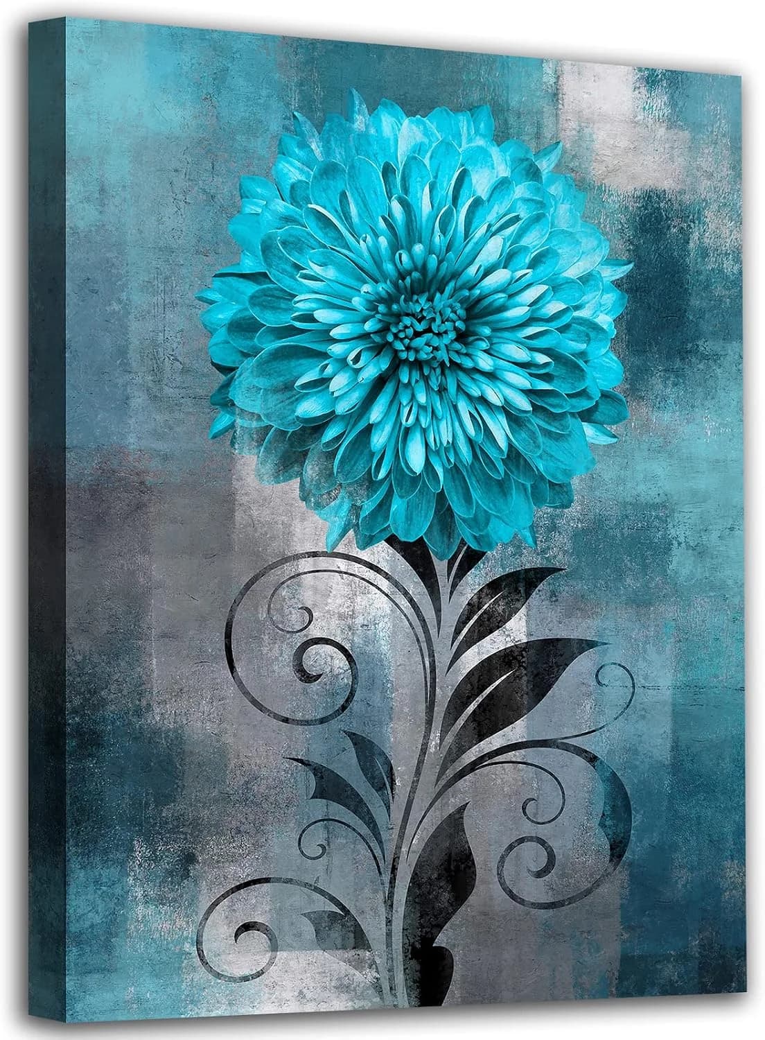 NINEASO Abstract Flowers Wall Art Teal Flower Canvas Pictures Rustic Blossom Canvas Painting for Bedroom Bathroom Wall D