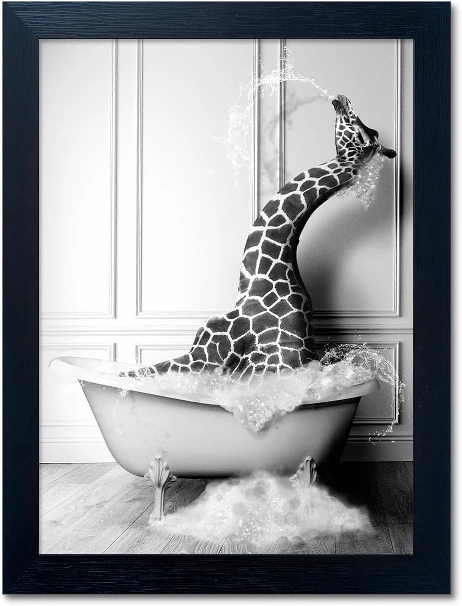 Black and White Bathroom Wall Decor Funny Giraffe in Bathtub Decor Framed Farmhouse Animal Canvas Wall Art Bathroom Artw