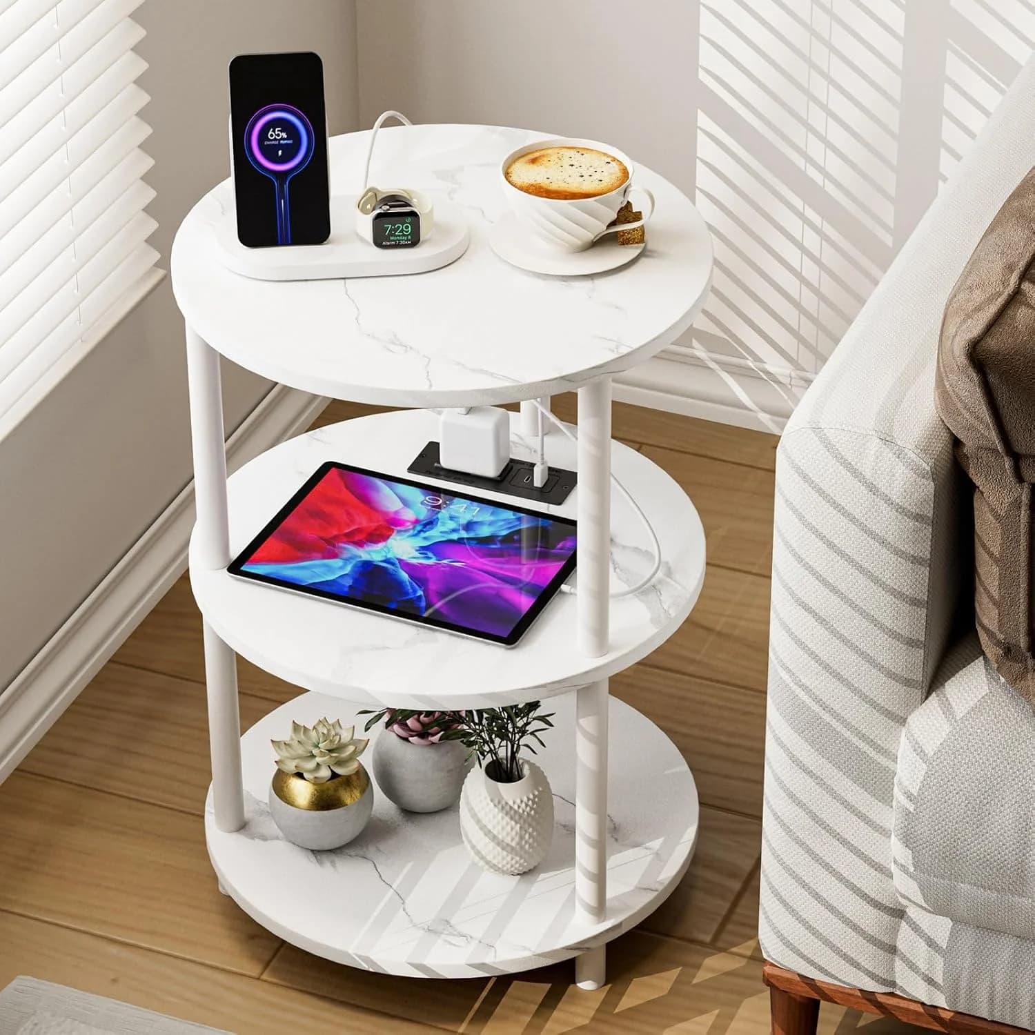 XBurmo Small Round End Table - 3 Tier Design Accent Table, Narrow Side or Bedside Stand, Industrial Vintage Table for Sm