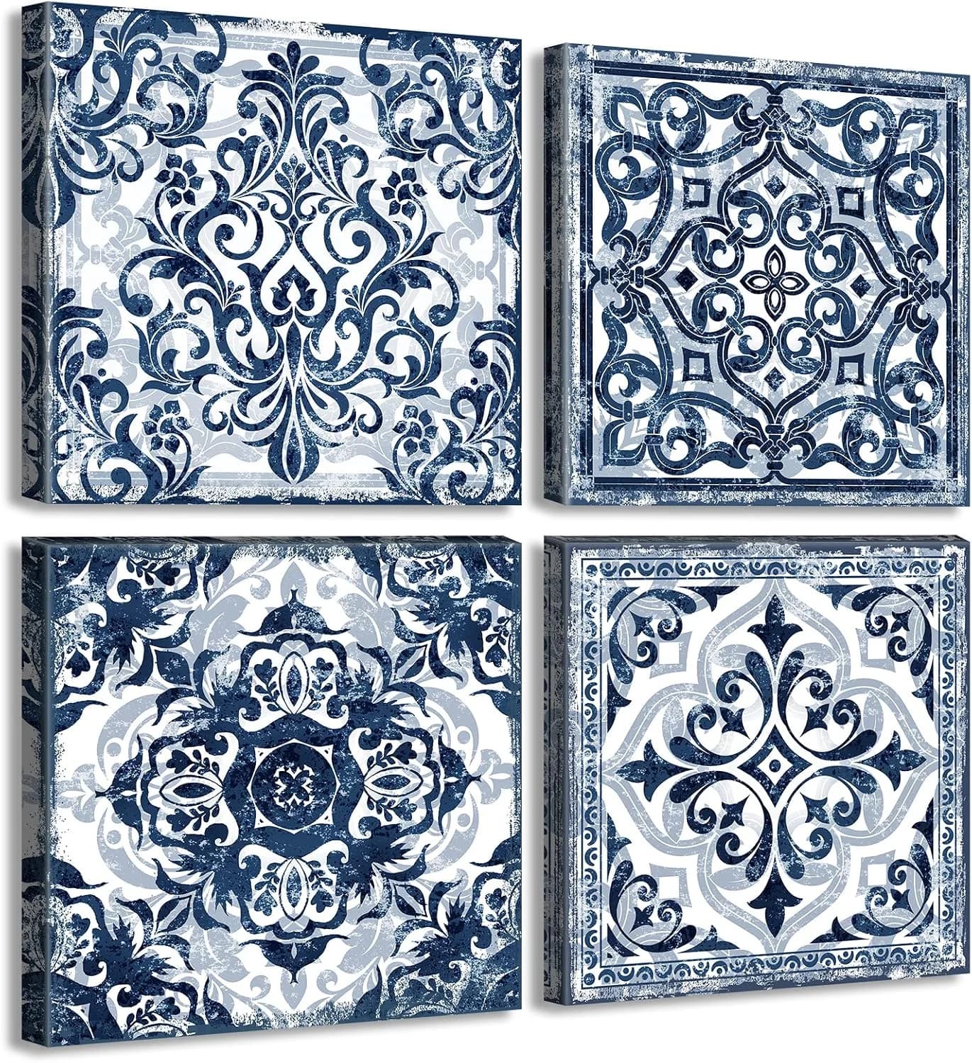 Bathroom Wall Decor Navy Blue Flower Paintings Canvas, 12"Wx12"Hx4 pcs