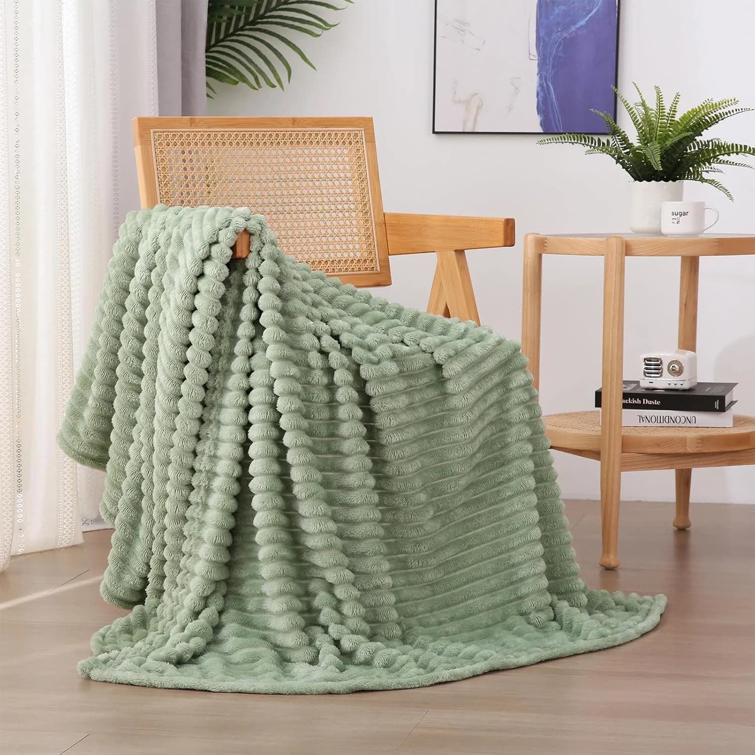 Sage Green Fleece Throw Blanket 50”×60” for Couch Sofa Livingroom