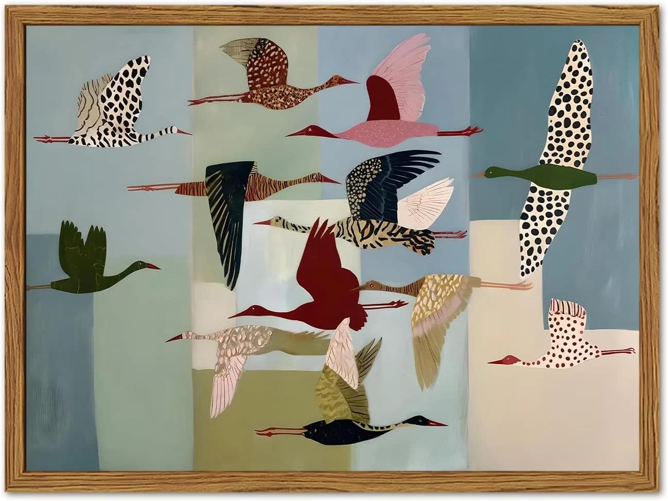 Framed Vintage Flying Bird Wall Art, Abstract Colorful Crane Pictures Wall Decor, Mid Century Modern Scandinavian Birds