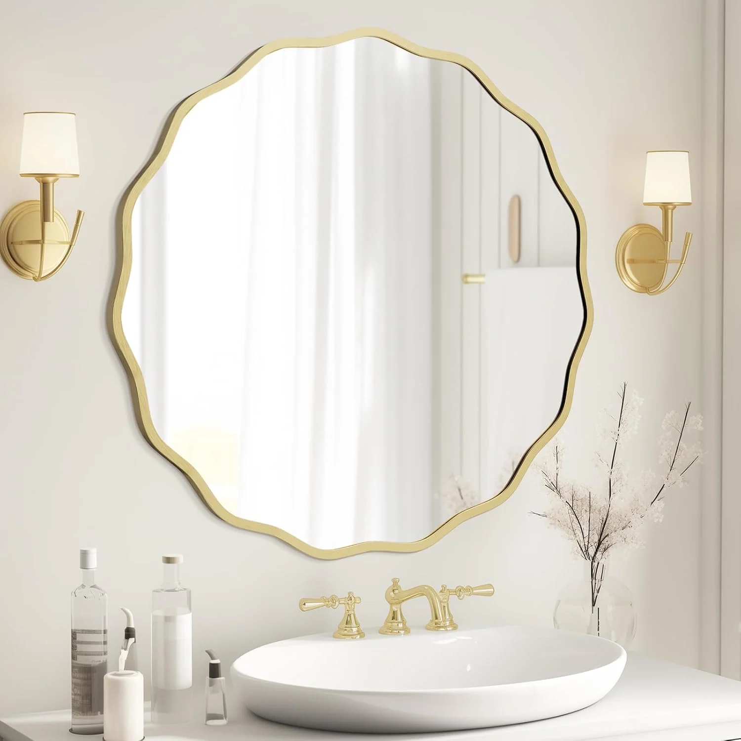 WallBeyond Round Wavy Mirror for Wall Decorative 28 inch, Modern Round Mirror Aluminum Frame for Bathroom Bedroom Living