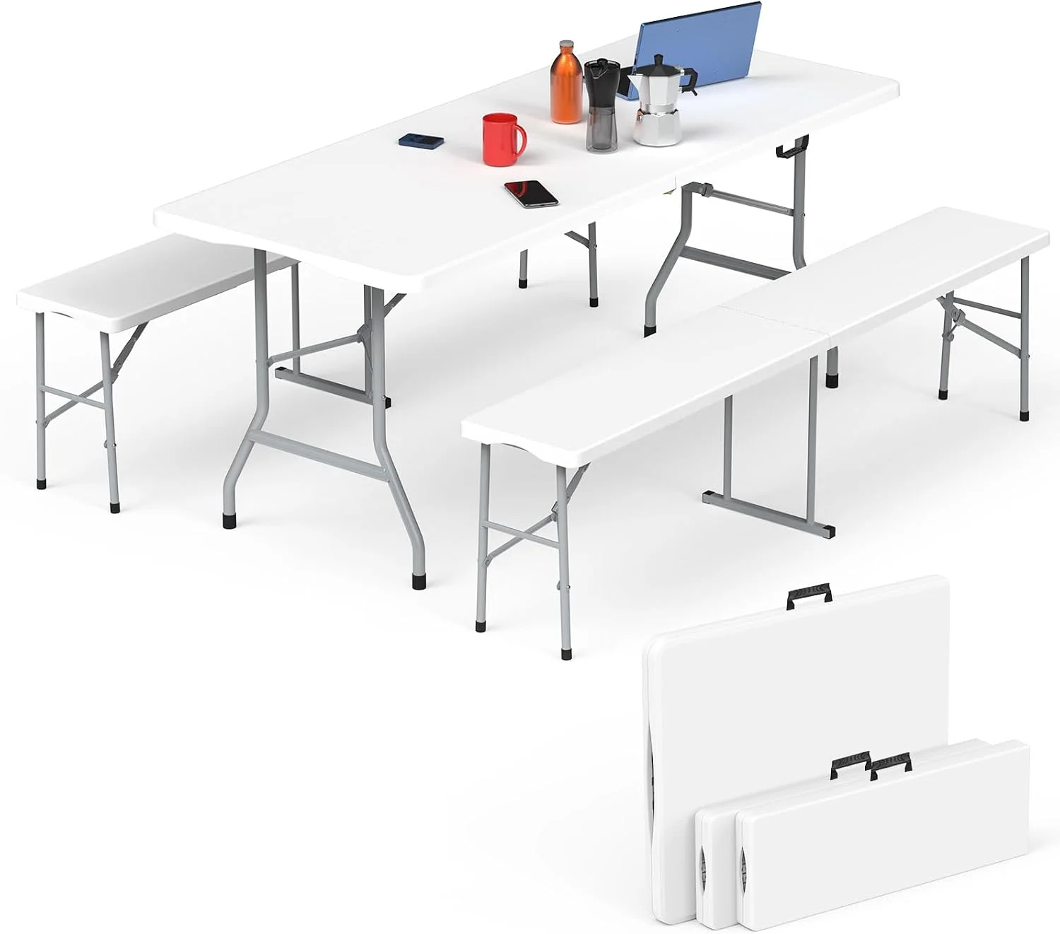 Folding Table Picnic Table Set with 2 Benches, 6 ft Camping Table Chair Set