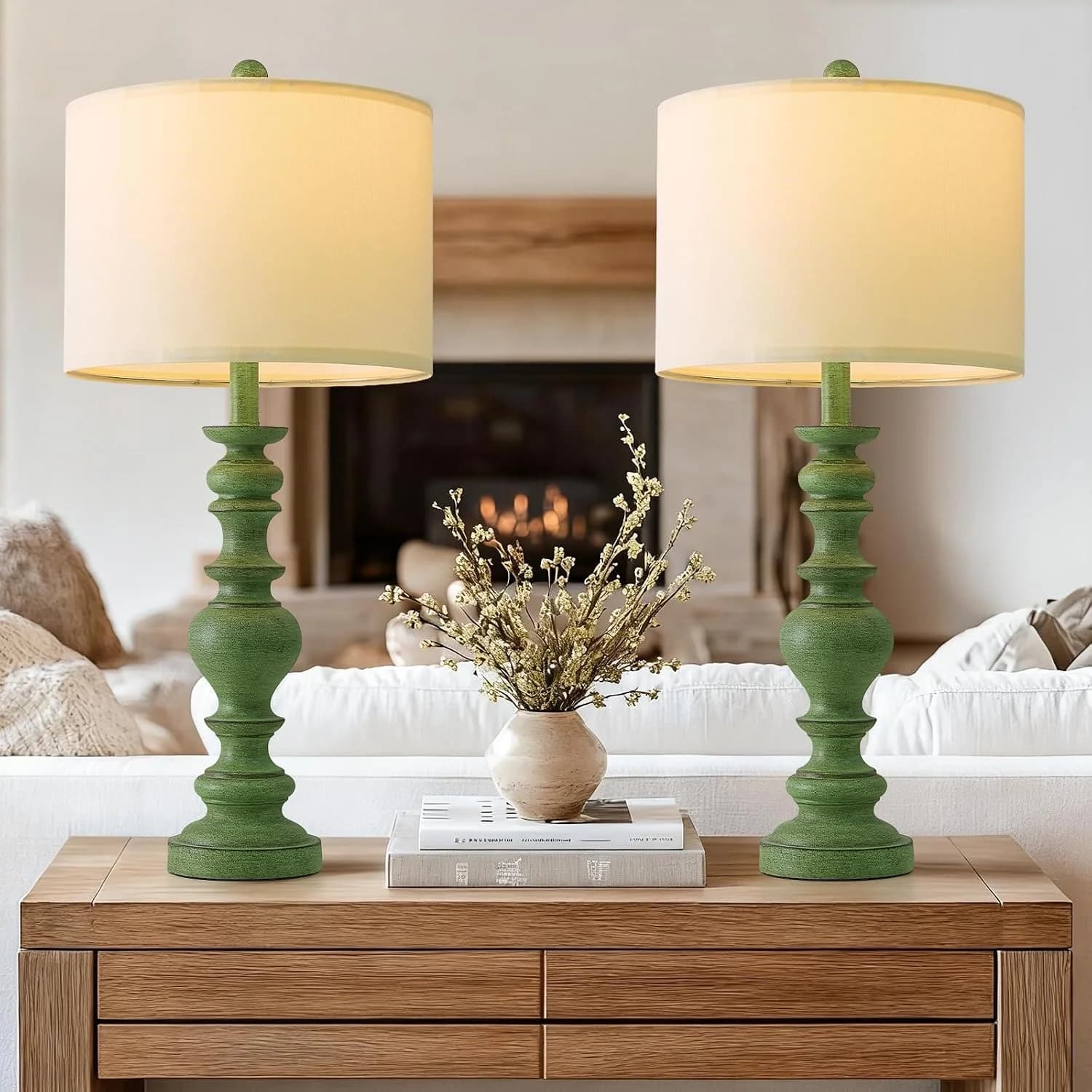 BOBOMOMO 27" Sage Green Table Lamps Set of 2, Large Farmhouse Resin Lamps with Linen Shades, Green Vintage Lamps for Liv