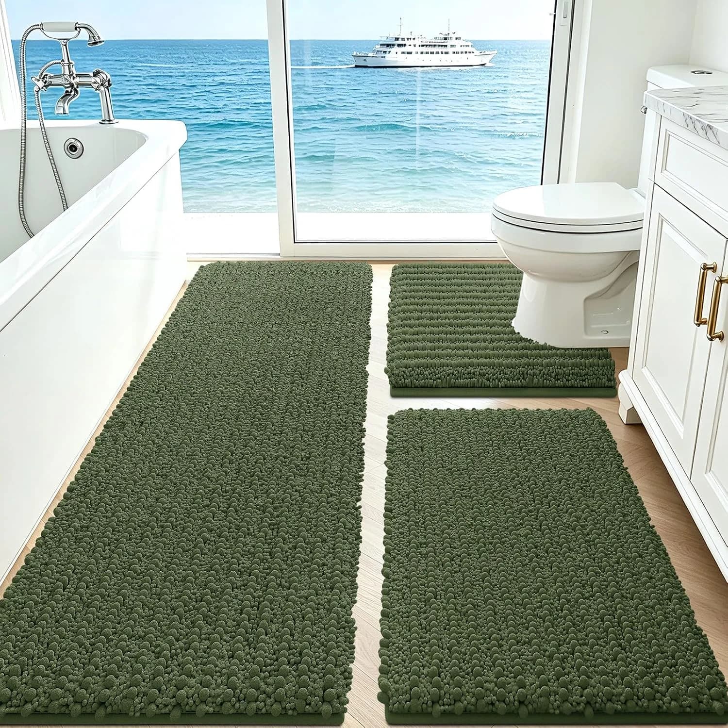 ACCUMTEK Upgrade Extra Large Oliver Green Bathroom Rug Set 3 Pieces Ultra Soft, Thick Absorbent Bath Mats, Non Slip Chen