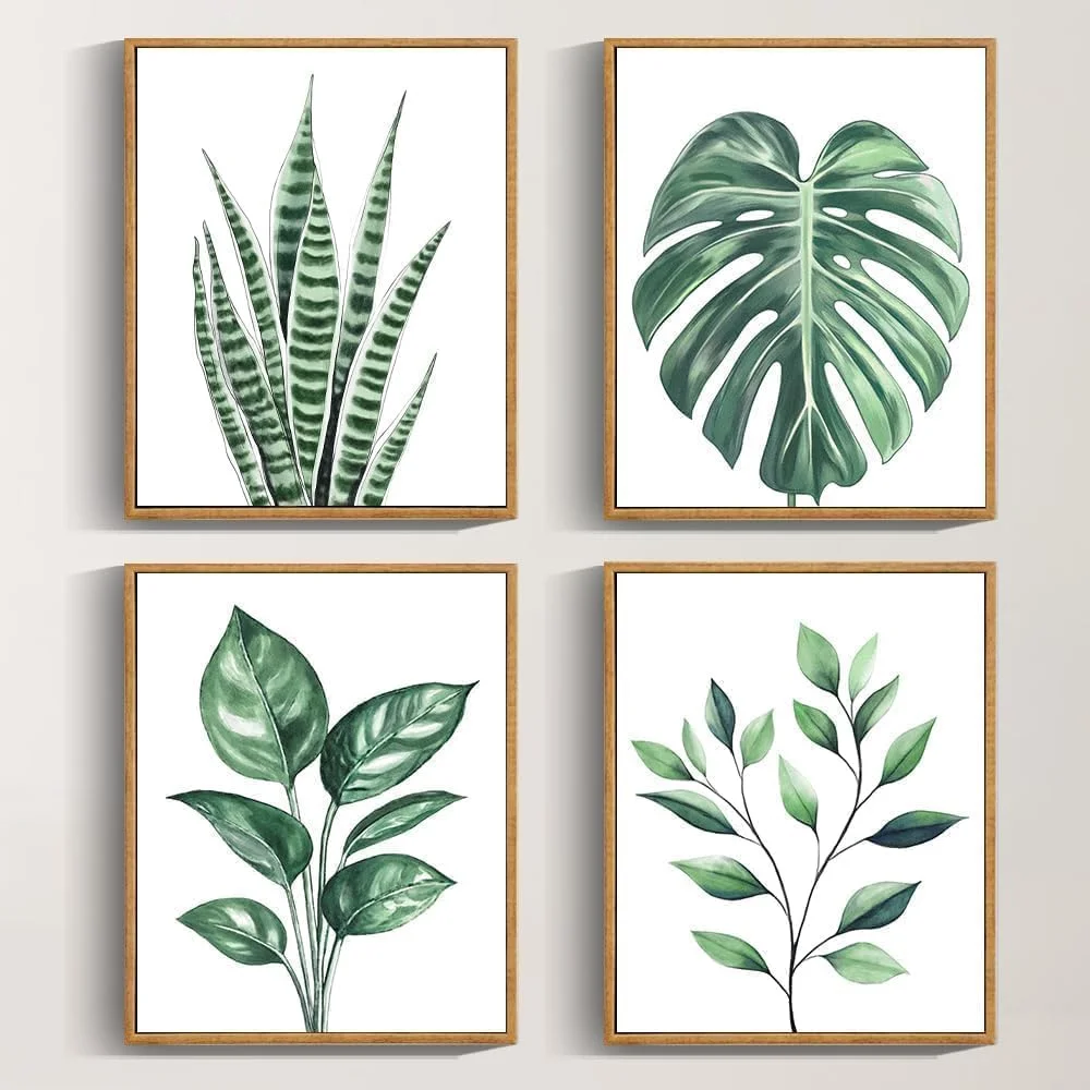 Drsoum Botanical Canvas Framed Wall Art Watercolor Green Leaf Tropical Plant Art Prints Boho Decor for Bedroom Bathroom