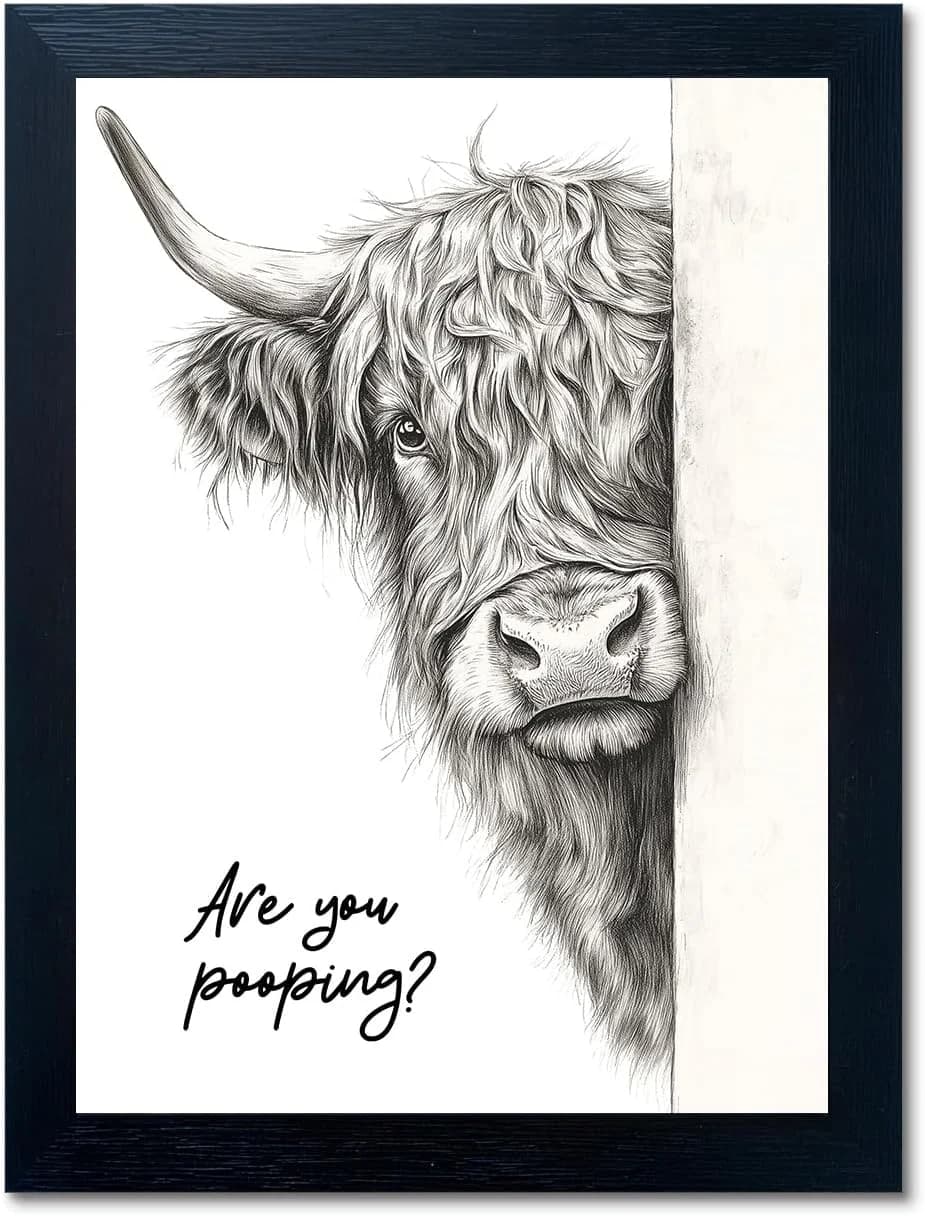 Funny Highland Cow Bathroom Wall Art - Rustic Farmhouse Wall Decor with Humorous Are You Pooping Canvas Print, Cute Anim