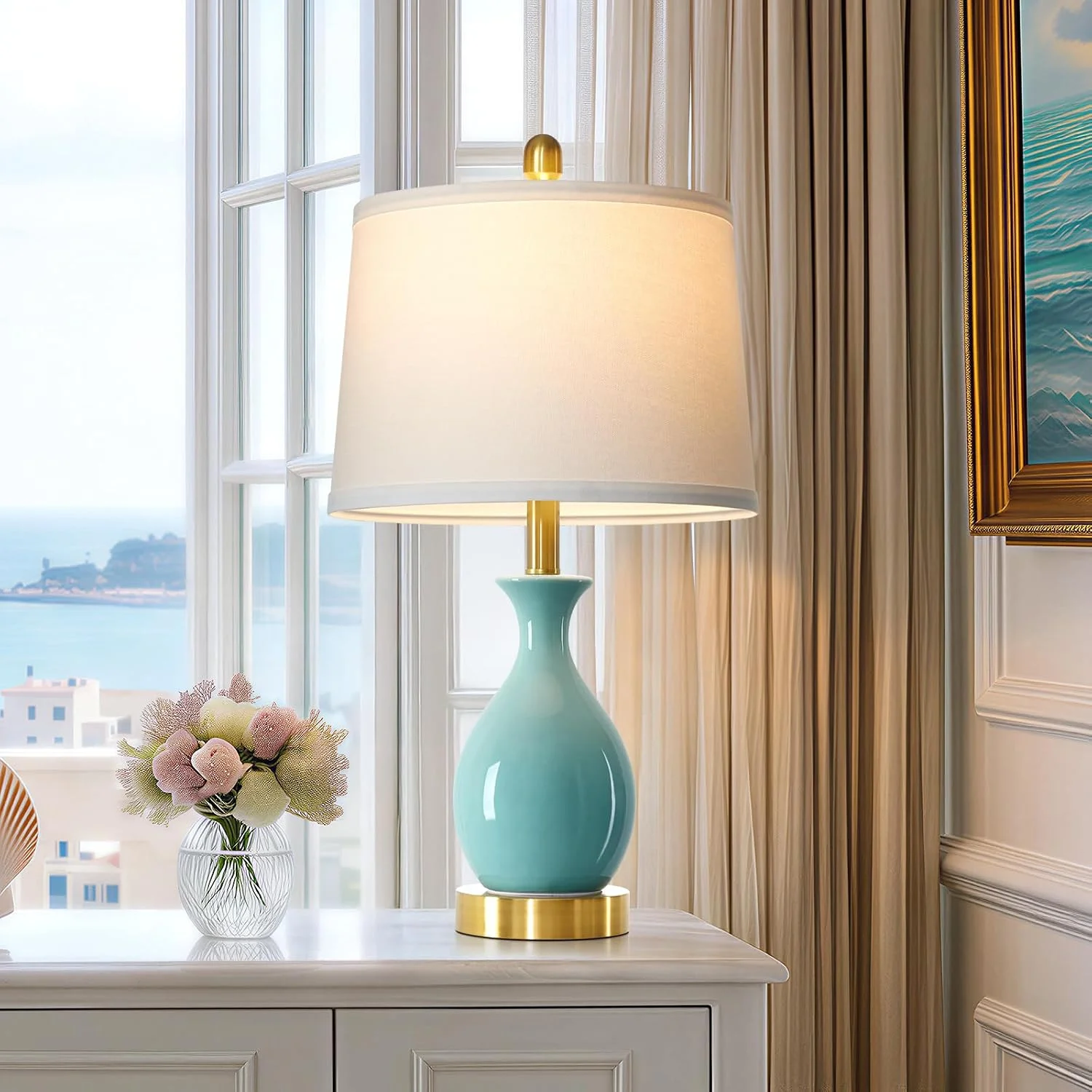 24″ Aqua Blue Ceramic Table Lamp for Living Room, Modern Classic Bedside Lamp for Nightstand, Small Table Lamp for Bedro