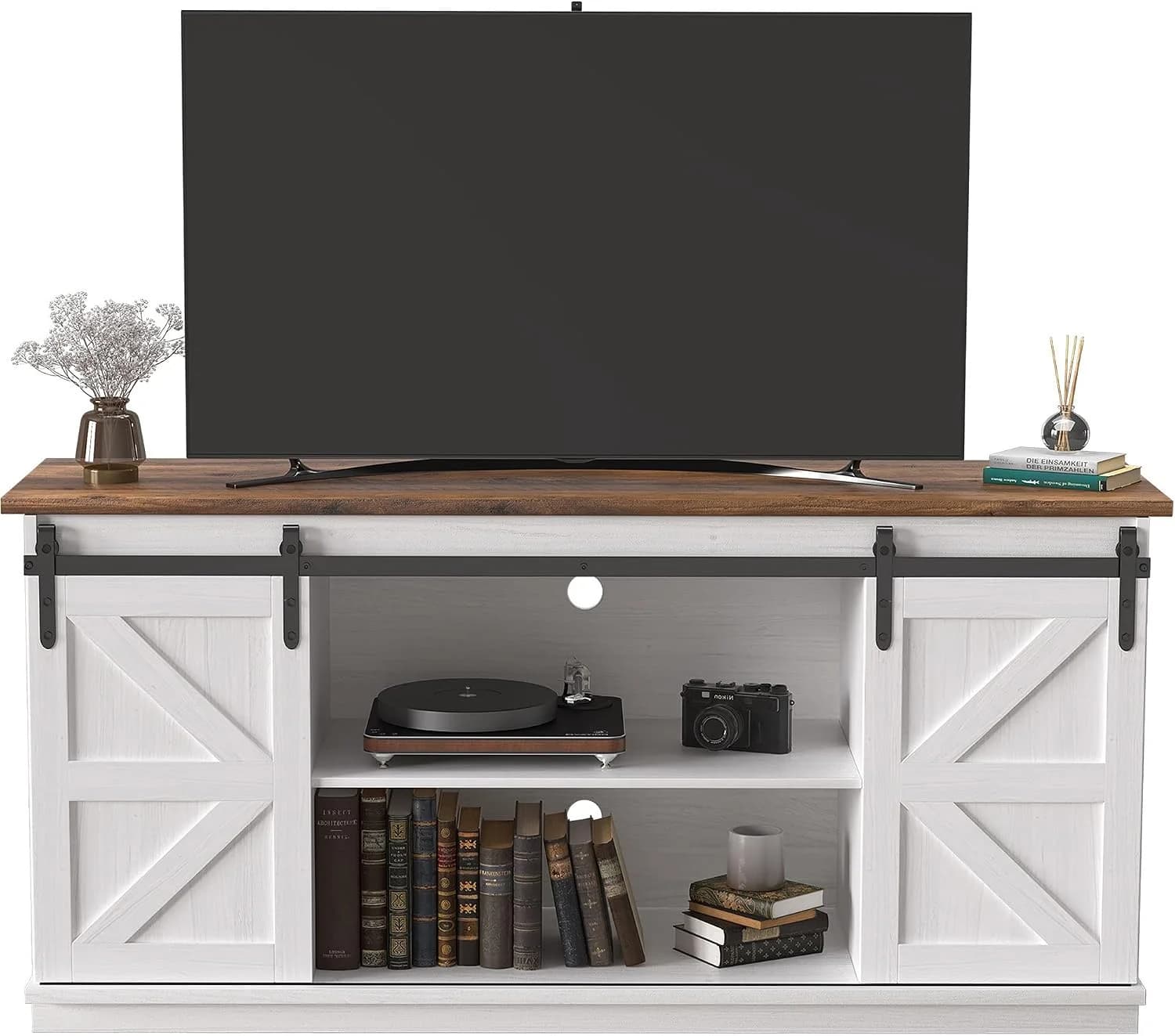 JUMMICO TV Stand for 65 Inch TV, Sliding Barn Doors, Bright White