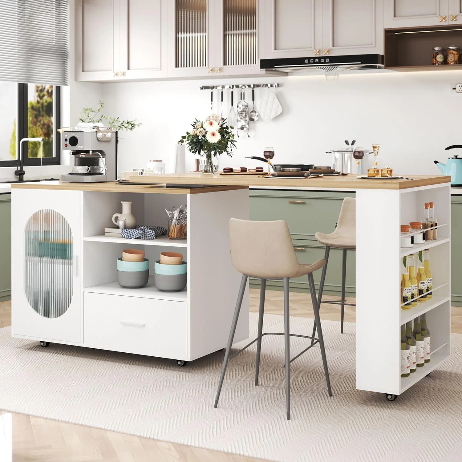 HSH 72” Rolling Kitchen Island with Seating & Storage on Wheels, White Oak