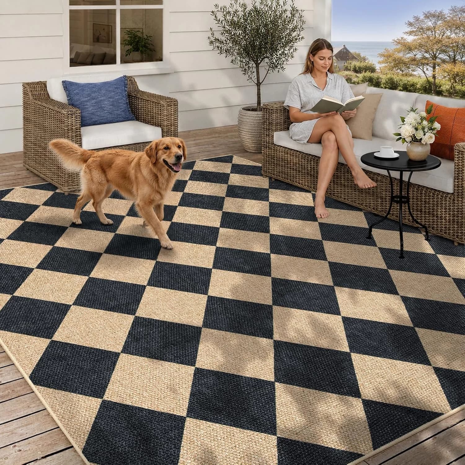Lahome Checkered Easy Jute 5x7 Area Rugs, Washable Outdoor Patio Rug for Living Room Diamond Indoor Outdoor Carpet, Farm