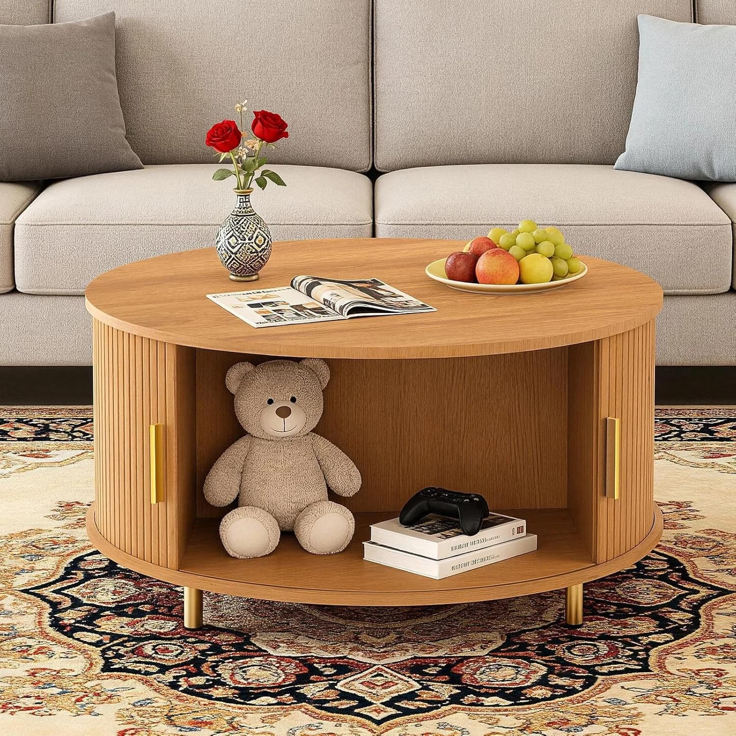 DHH Round Coffee Table, 31.5" Mid Century Modern Coffee Table with 360° Sliding Tambour Door, Fluted Accent Coffee Table