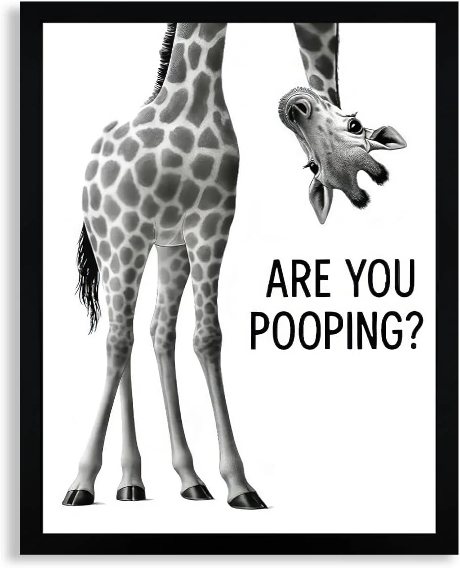 WRFON Framed Giraffe Bathroom Wall Art, Funny Giraffe With Are You Pooping Artwork Print, Black and White Animal Canvas