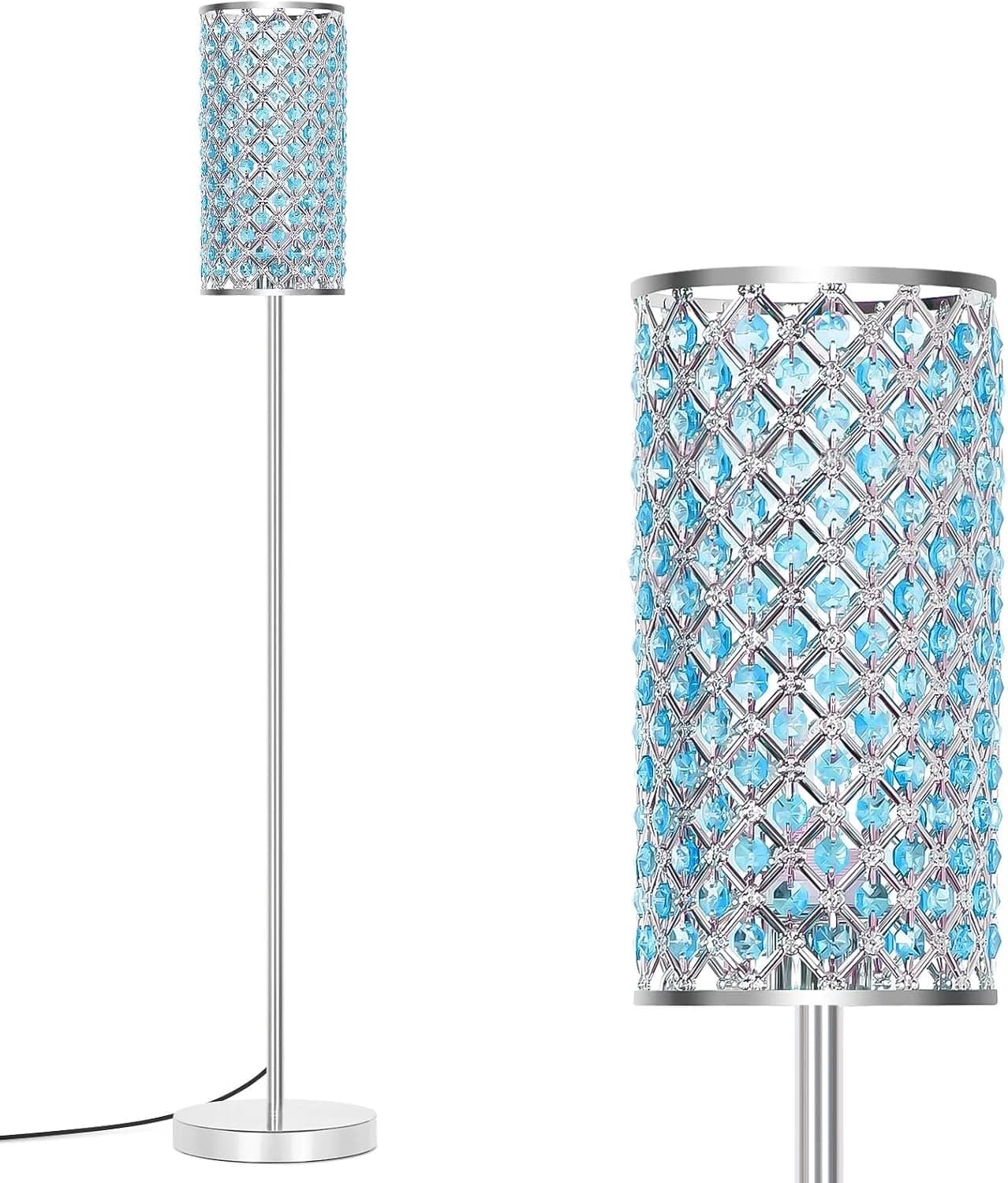 Crystal Floor Lamp, Silver Tall Pole Lamp with Teal Shade and Pedal Switch
