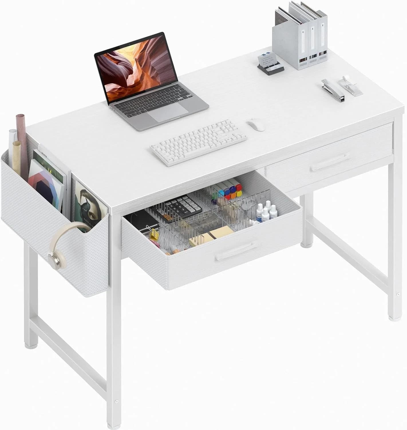 DLisiting 32 Inch Small White Desk with 2 Drawers, Study Writing Computer Desk with Storage Drawer for Bedroom Home Offi