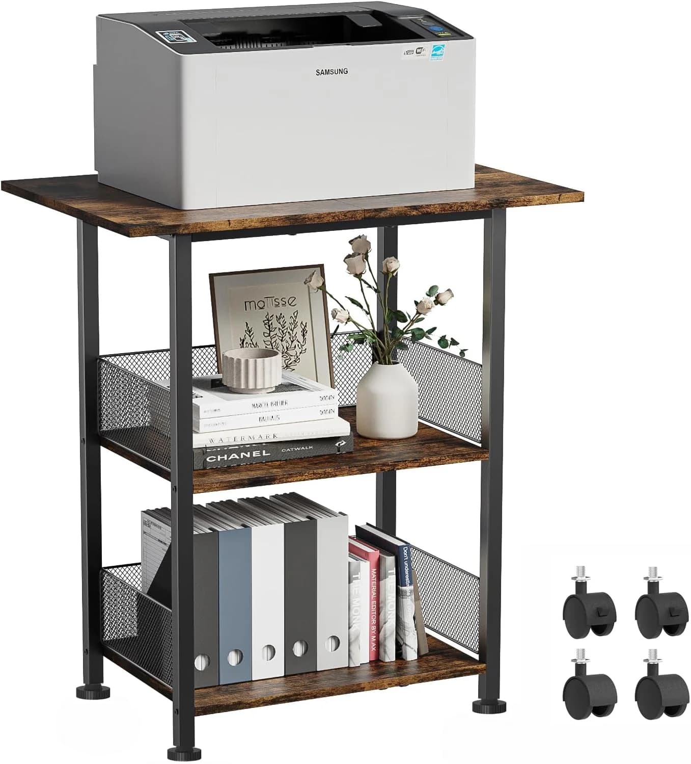 BOHDK Printer Stand, 3-Tier Industrial Large Printer Table with Shelf, 23"x15" Mobile Heavy Duty Storage Rack on Wheels