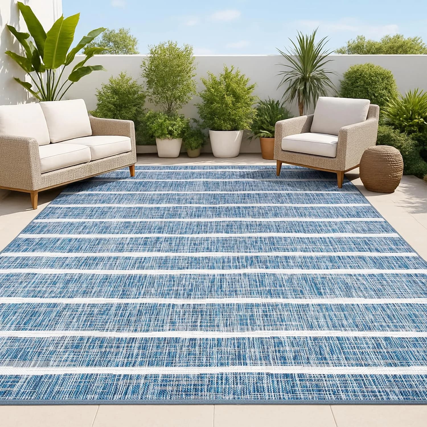 JONATHAN Y Berber Stripe Indoor Outdoor Area Rug 8X10 Blue/Ivory, Colonia for Backyard, Patio, Porch, Easy-Cleaning, Hig