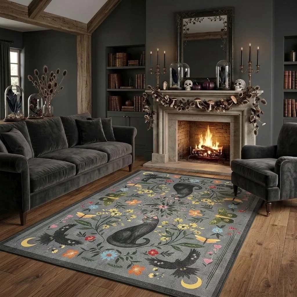 GarveeHome 5x7 Cat Area Rug Grey Washable Rugs for Living Room Bedroom, Soft Mushroom Floral Low Pile Non Slip Floor Mat