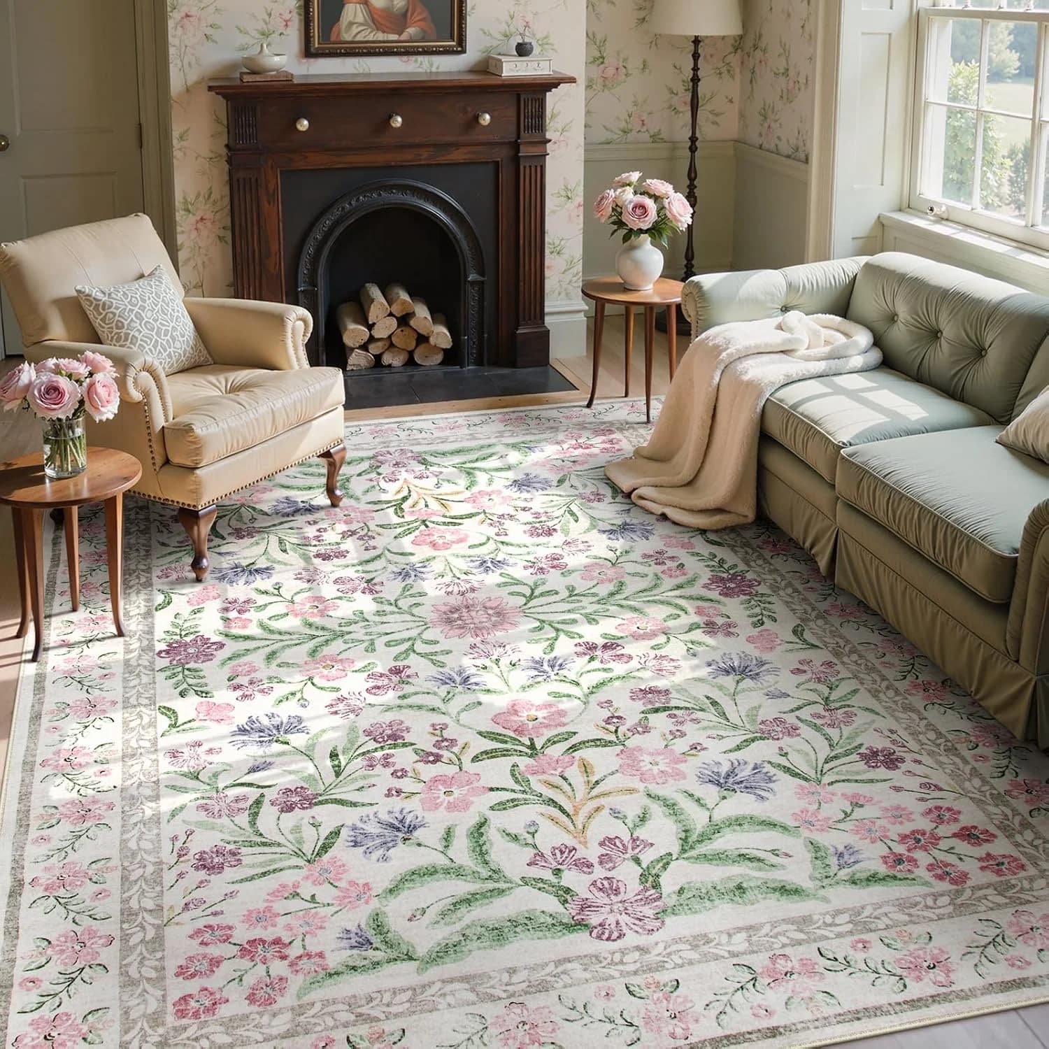 Wonnitar Purple Floral 8x10 Area Rugs, Washable Rug for Living Room, Soft Ultra-Thin Non-Shedding Large Indoor Boho Carp