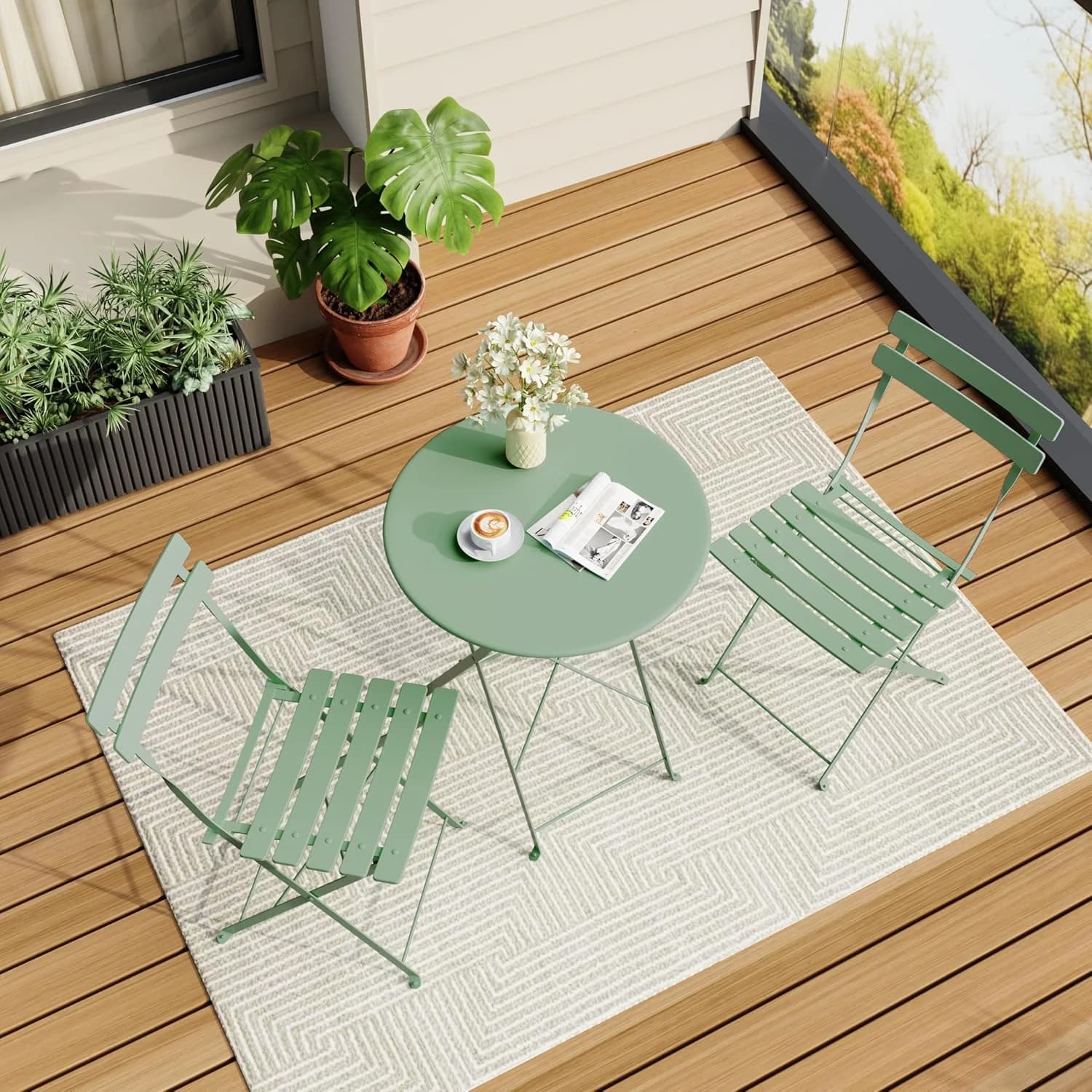 Bistro Table and Chairs Set of 2, 3 Piece Folding Patio Bistro Set, Green