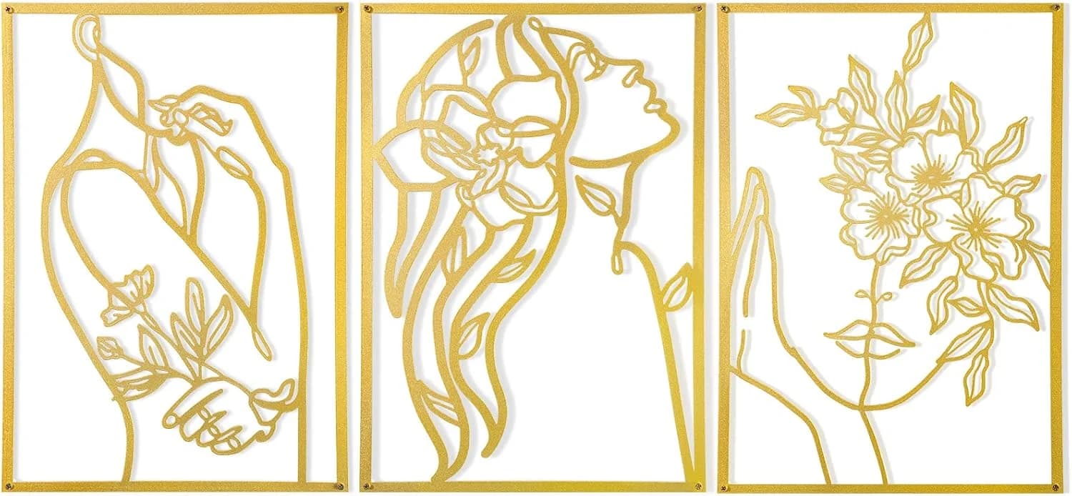 AGIOTA 3 Pcs Gold Metal Wall Decor, Minimalist Floral Women Line Drawing Wall Art, Elegant Abstract Lady Silhouette Meta