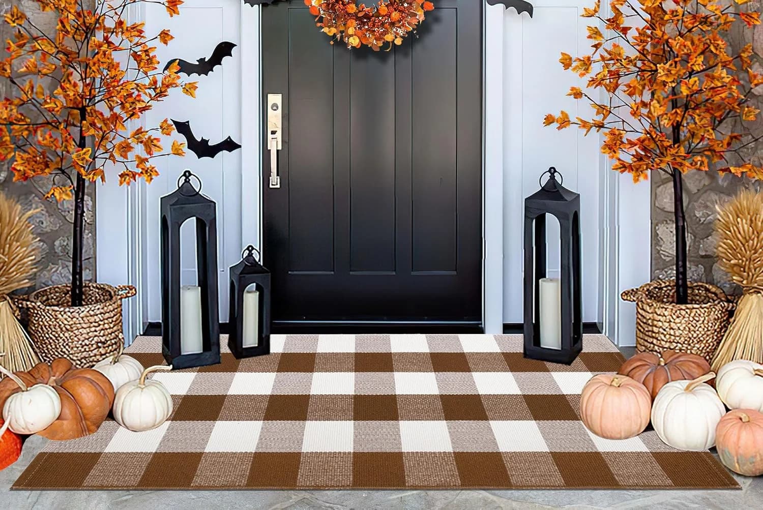 BUAGETUP Coffee and White Outdoor Rug 24"x51"Fall Halloween Front Porch Rug