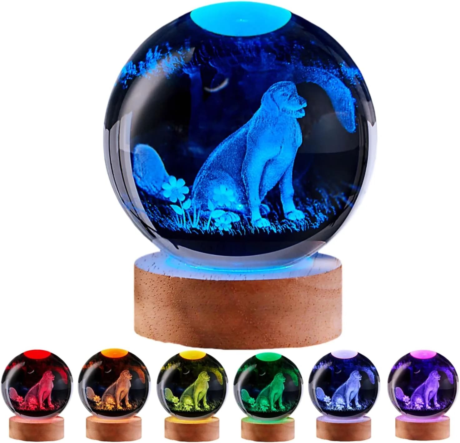 Dog Crystal Ball Lamp,3.15 inch 3D K9 Animal Crystal Ball Dog Night Light with Wooden Base, Lamp Gift for Animals Lovers