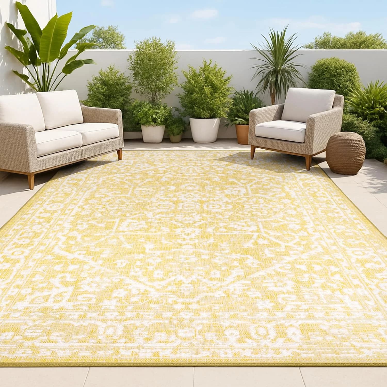 JONATHAN Y Boho Medallion Indoor Outdoor Area Rug 8X10 Yellow/Cream, Malta Textured Weave for Backyard, Patio, Porch, Ea