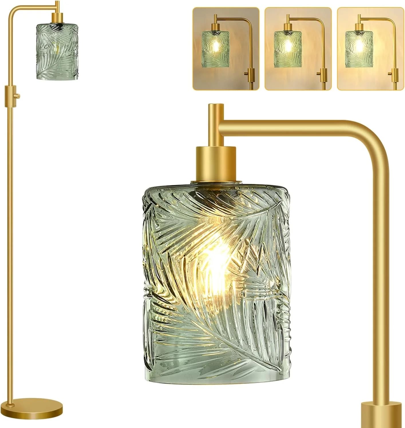 【Upgraded】 Dimmable Floor Lamp for Living Room with Green Feather Glass Lampshade, Gold Modern Floor Lamp with 900LM LED