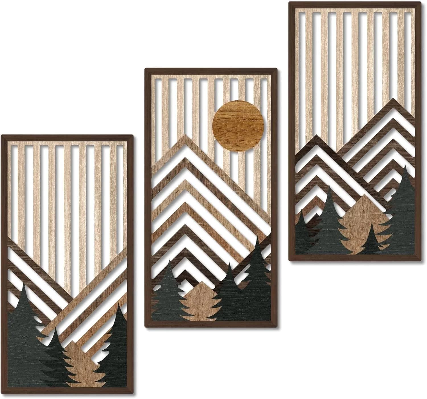 Putuo Decor Boho Mountain Wall Art Set of 3, Rustic Wooden Wall Decor, Nature-Inspired Geometric Artwork, Mid-Century Mo