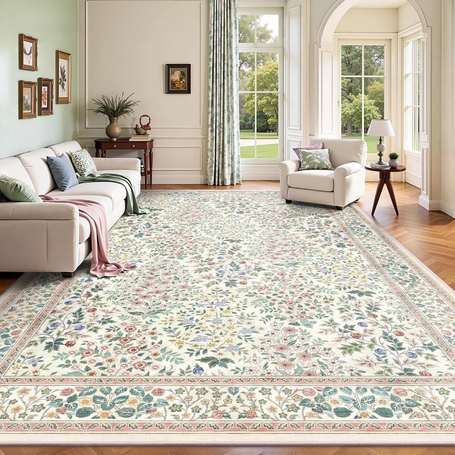 8x10 Area Rugs, Machine Washable Low Pile Floral Rugs for Living Room, Bedroom, Large Boho Area Rug with Non-Slip Backin