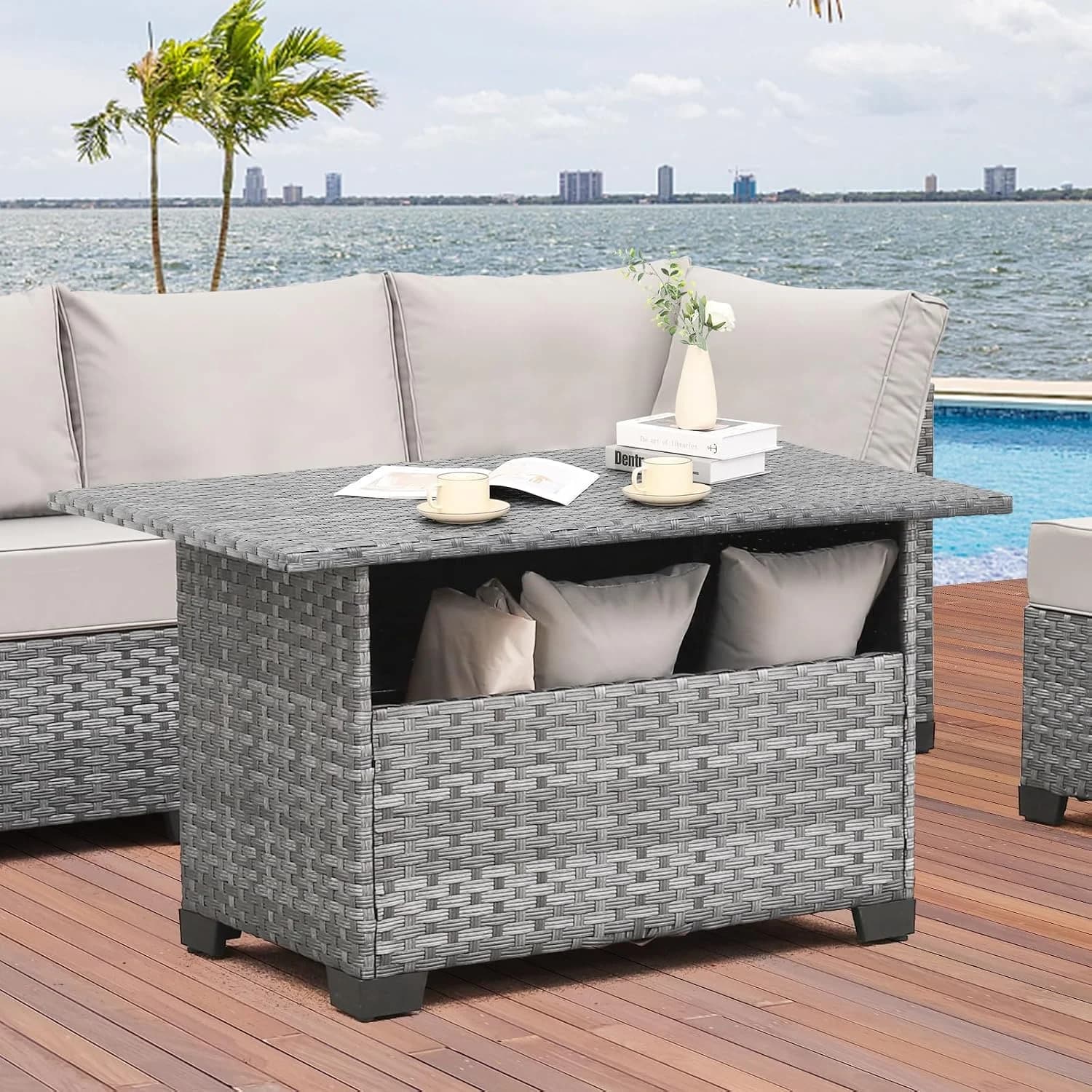 WAROOM Outdoor PE Wicker Coffee Table - Patio Rattan Garden Furniture Multi-Functional Storage Tea Dining Table, Grey