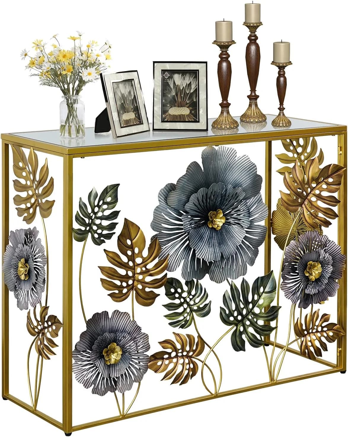 Lewahom Console Table, Vintage Art Sofa Table with Metal Flower Decor, Narrow Entryway Tables with Glass Mirror Tabletop