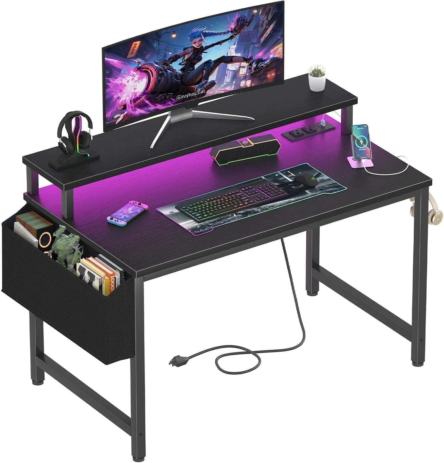 Lufeiya Small Desk with Power Outlets and LED Lights, 32 Inch Teen Writing Study Table Home Office Computer Desks with M