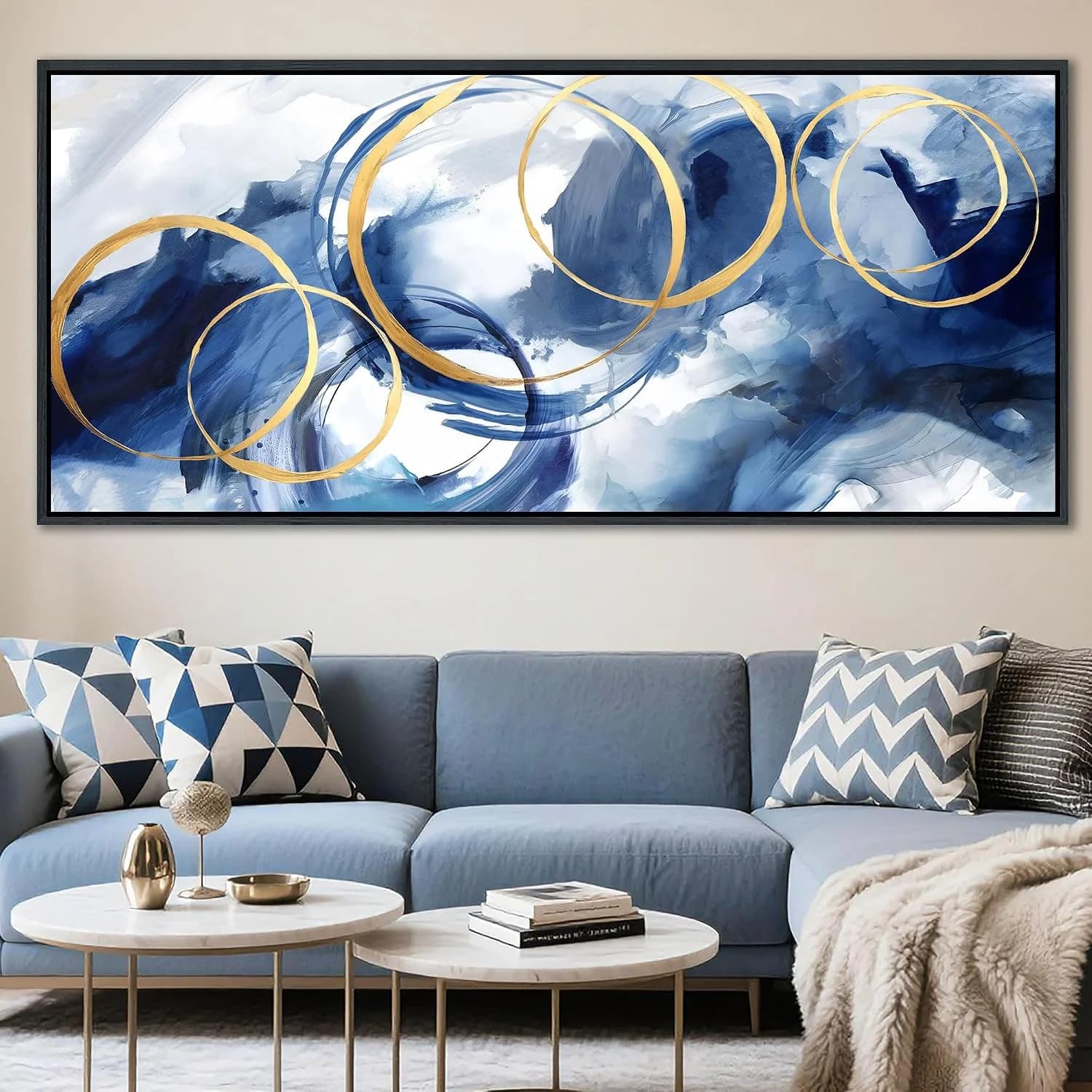 AJAZIKO Blue Abstract Canvas Wall Art Modern Wall Decor Artwork for Walls Living Room Large Painting Office Pictures Nav