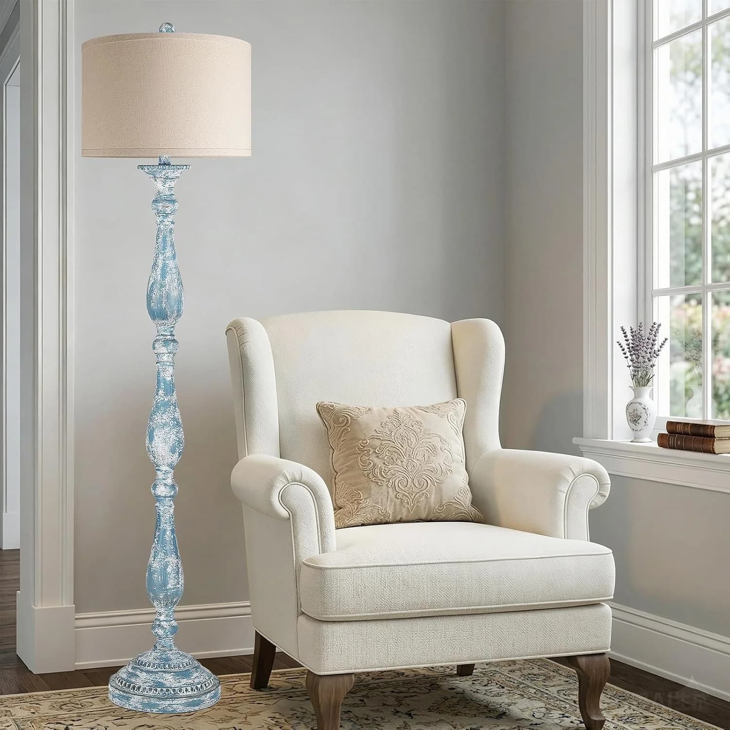 PARTPHONER Vintage Floor Lamp for Living Room, Rustic Farmhouse Standing Lamp with Rotary Switch and Linen Shade, Retro