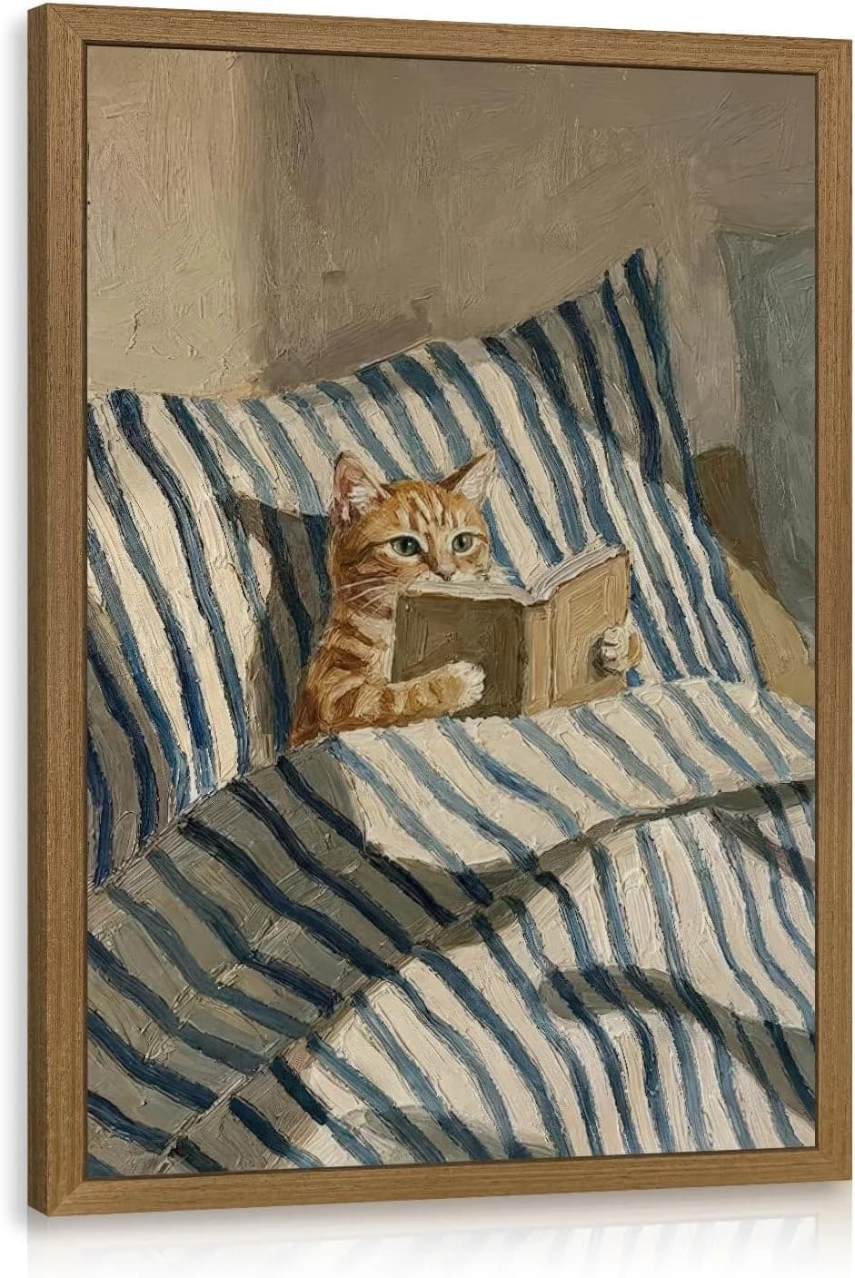 Cyebmo Funny Tabby Cat Wall Art, Whimsical Cat Reading Book Wall Decor, Cozy Book Lover Animal Poster Print, Minimalist